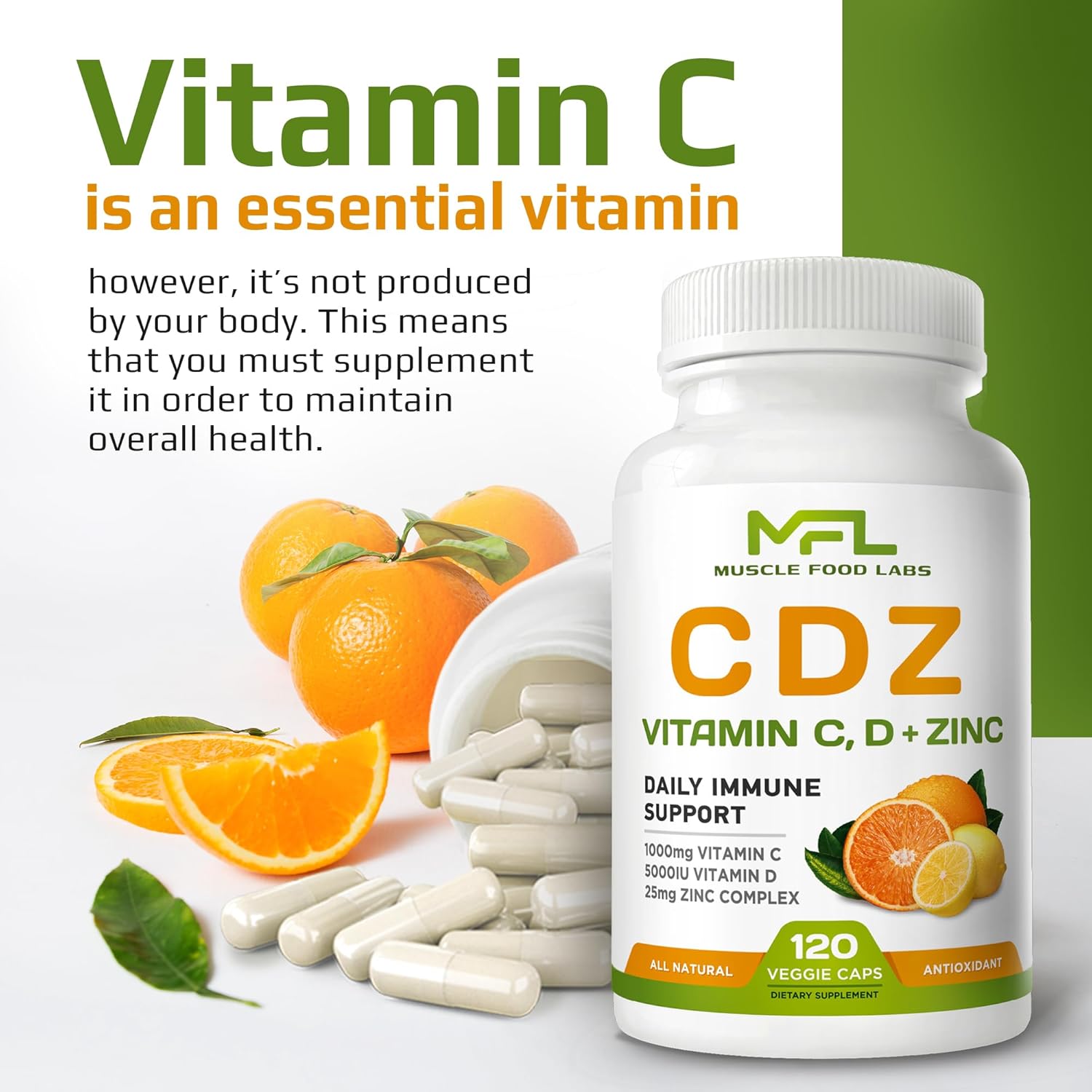C D Z | Vitamin C, 1000mg | Vitamin D3, 125mcg | Zinc, 25mg | Non-GMO & Gluten Free | 120 Vegetarian Capsules | 120 Servings