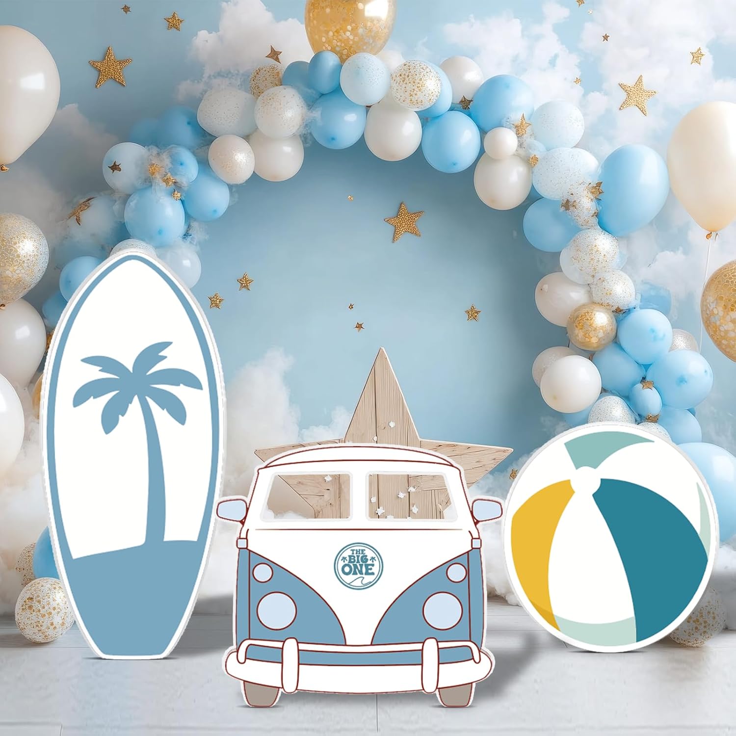 3 Pcs The Big One Surf Cardboard Cutout Summer Surfboard Photo Booth Props Include Surfboard Ball Car Stand up for Surfing Swimming Pool The Big One Surf Luau Tropical Birthday Party Decoration