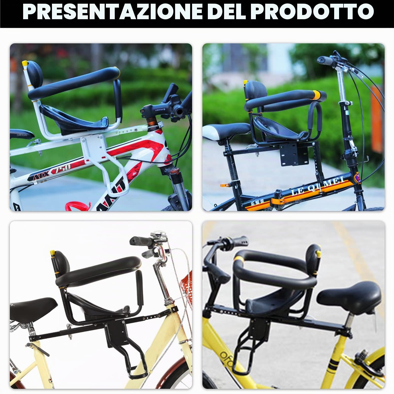 Honeyhouse Seggiolino Bicicletta Anteriore per Bambino | Pieghevole Sedile Seggiolino Anteriore con Braccioli e Pedale | per Bambini 2-6 Anni - Max 50KG