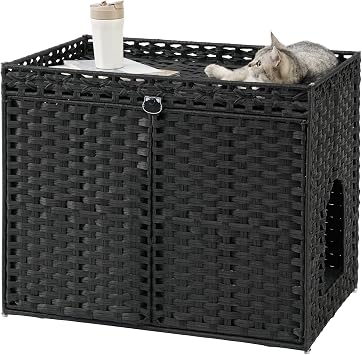 SETVSON Cat Litter Box Enclosure Furniture, Hidden PE Rattan, Black