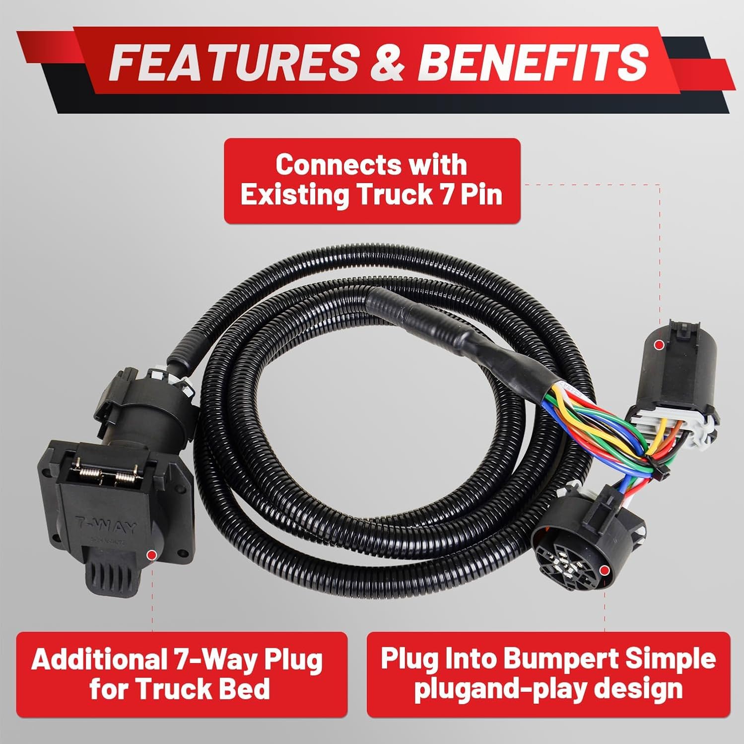 56070 Upgraded 7-Foot 7-Pin Trailer Wiring Harness Extension with Connector Compatible with Chevy for Dodge Ram Vehicle-Side Truck Bed