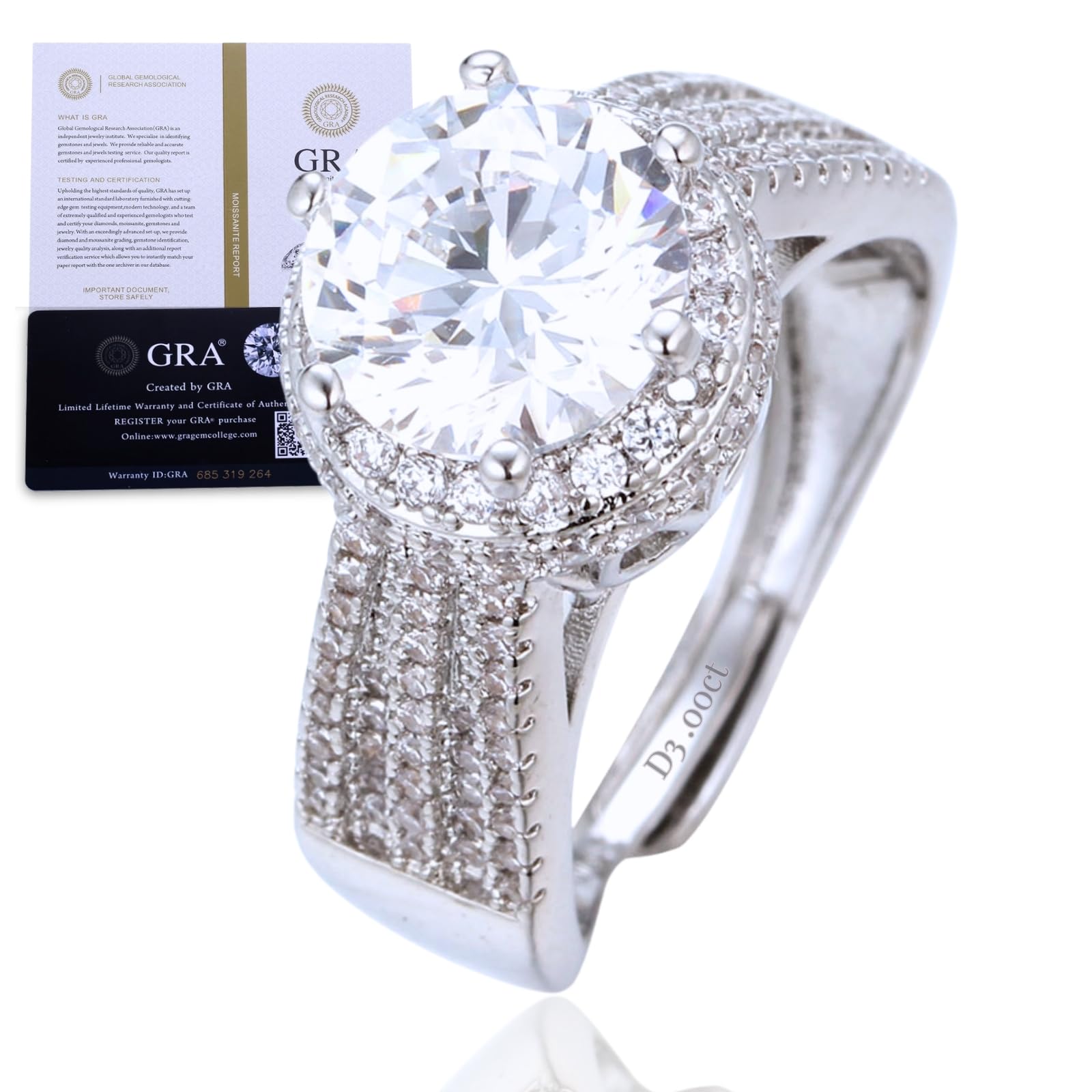 Halukakah Damenring mit D3,0ct Moissanit Platiniertem 925er Silber mit Zertifikat,Runder Halo Labordiamanten im Brautset mit Krappenfassung,Größenverstellbar,Geschenk für Ehefrau,Freundin,Mama,Tochter