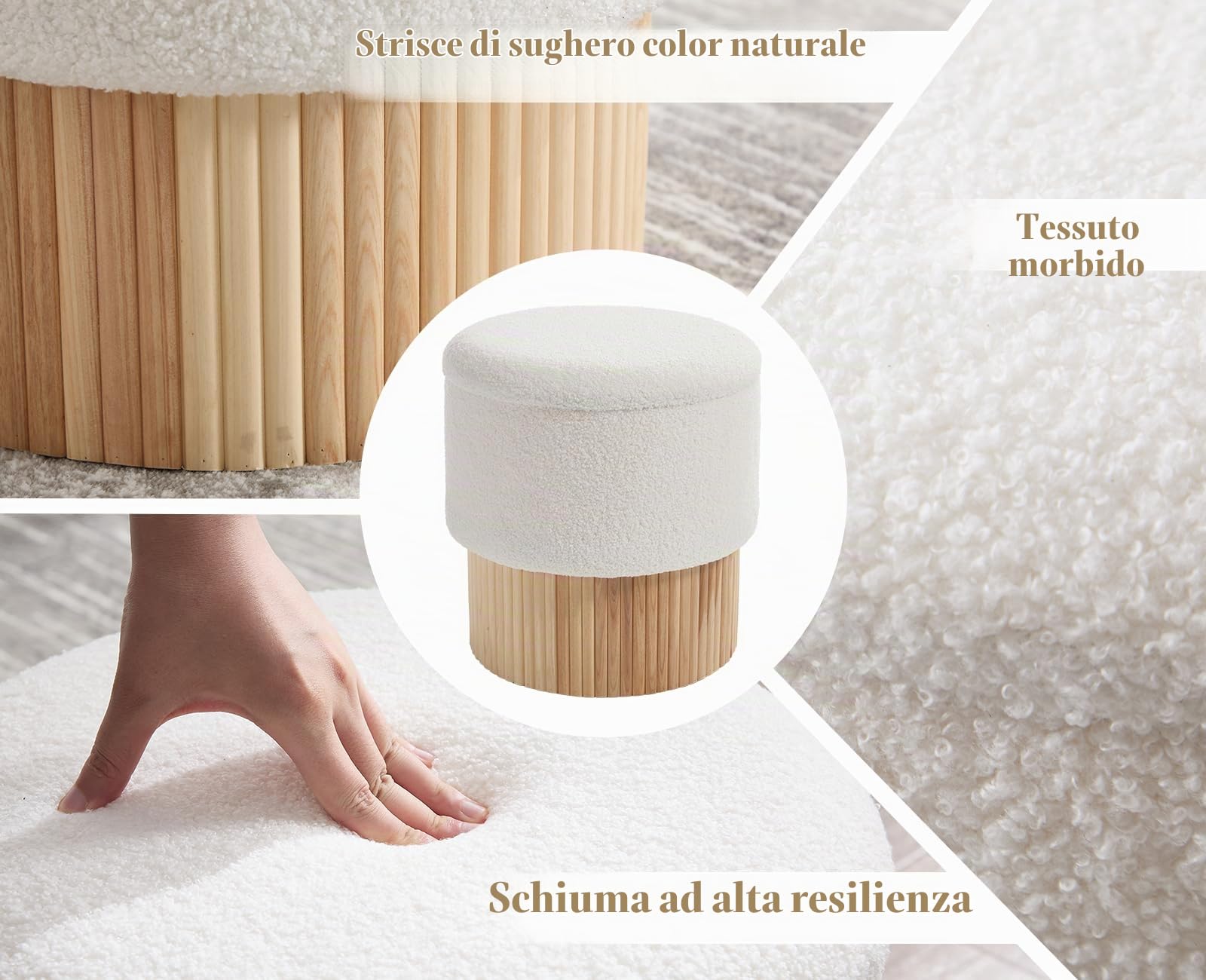 Pouf Contenitore Puff in Pelliccia per Camera da Letto, Bianco | Cassapanca Contenitore Rotonda, Pouf Poggiapiedi Imbottita, Sgabello Contenitore in Legno per Soggiorno/Trucco/Salotto