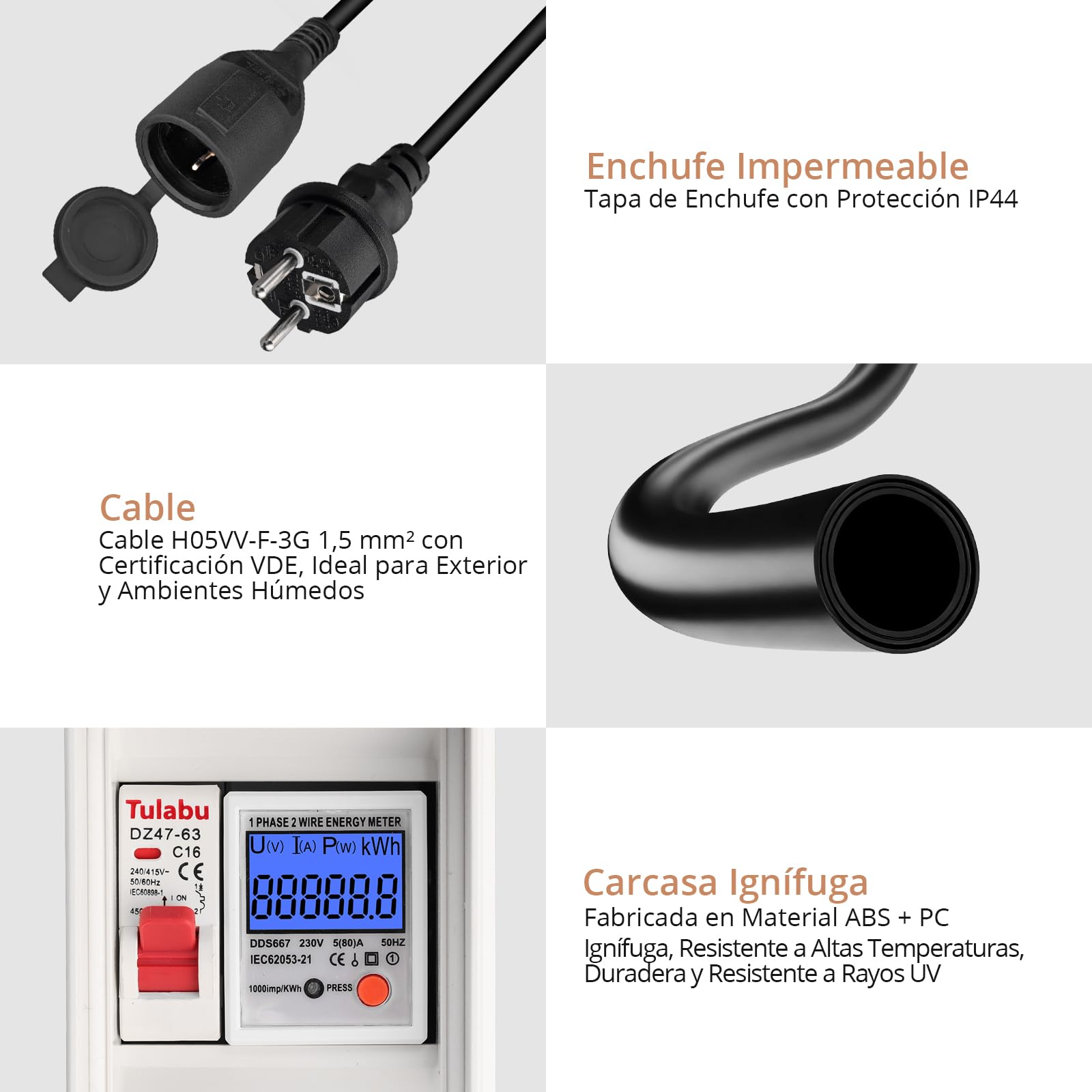 KAMTOP Medidor Consumo Eléctrico Monofásico 230V 80A Contador Energía Digital con Disyuntor LS Monitor Electricidad Portátil IP65 Medidor Energético Cable H07RN-F 3m VDE para Hogar RV Camping Caravana