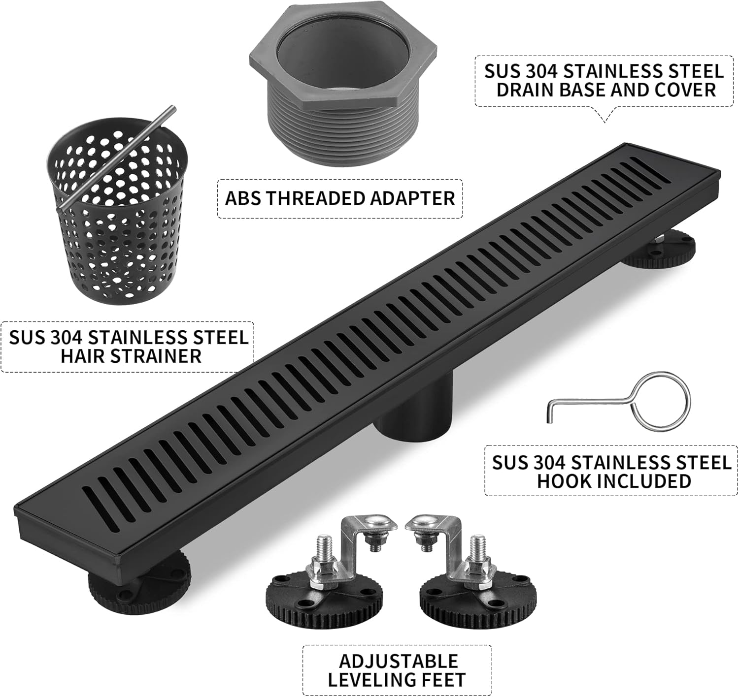 Linear Shower Drain, Matte Black Shower Drain 24 Inch with Removable Grate, SUS-304 Stainless Steel Rectangle Floor Drain with Leveling Feet and Hair Strainer, Bathroom Modern Drain SD-106