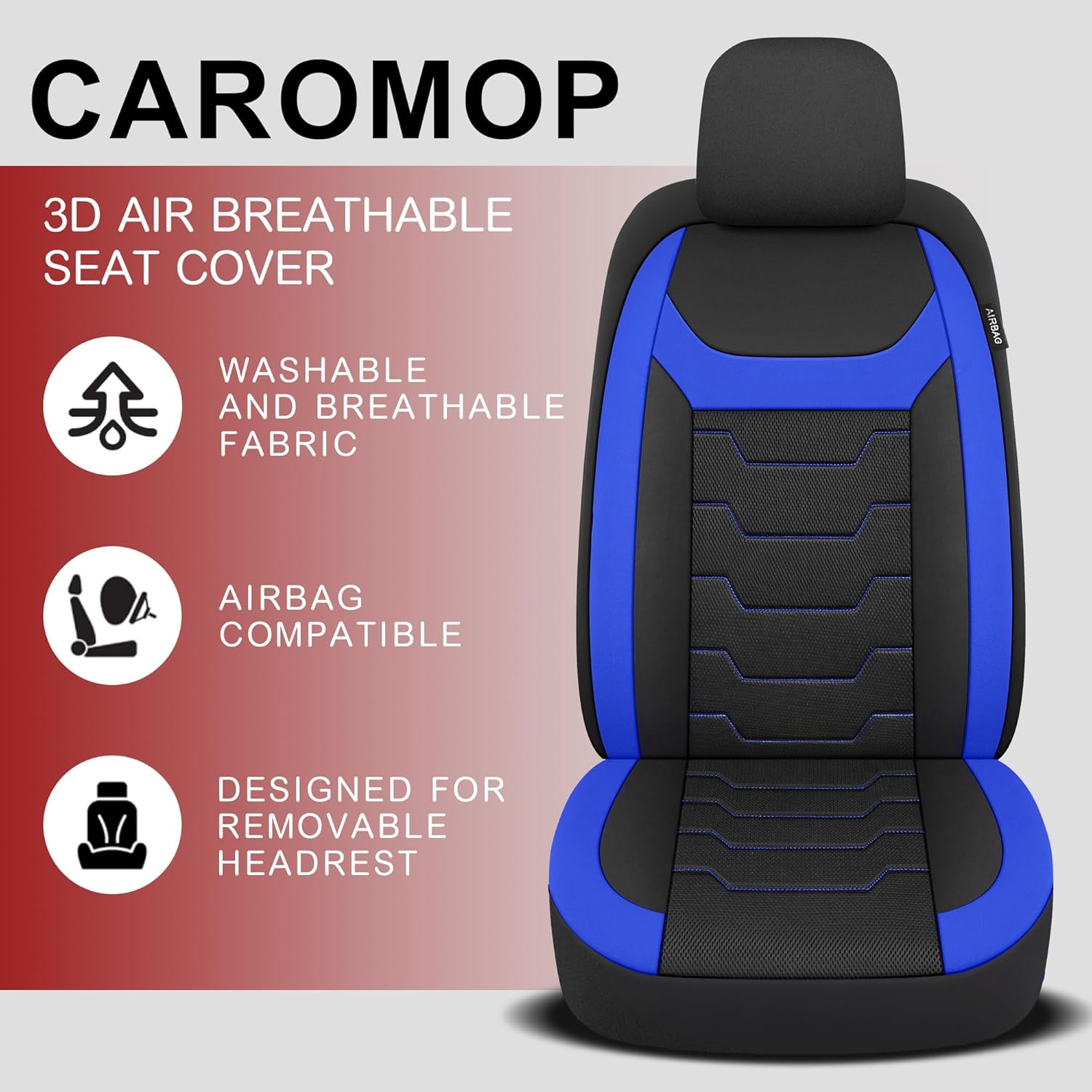 CAROMOP Breathable Car Seat Covers Full Seats,3D Air Mesh Cloth Seat Covers for Cars, Split Bench Compatible Car Interior Covers, Universal Fit Most Car Sedan Truck SUV(Black/Blue) - Image 6