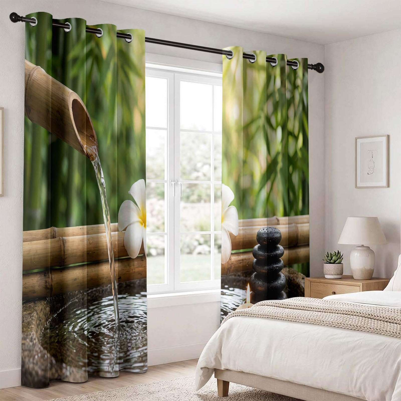 Générique Lot de 2 Rideaux à Japonais 110L X 215H cm (2 Panneaux), Rideau Occultant Motif Zen Spa Vert, Rideaux Thermiques à Oeillets Décoration pour Salon Chambre Salle à Manger