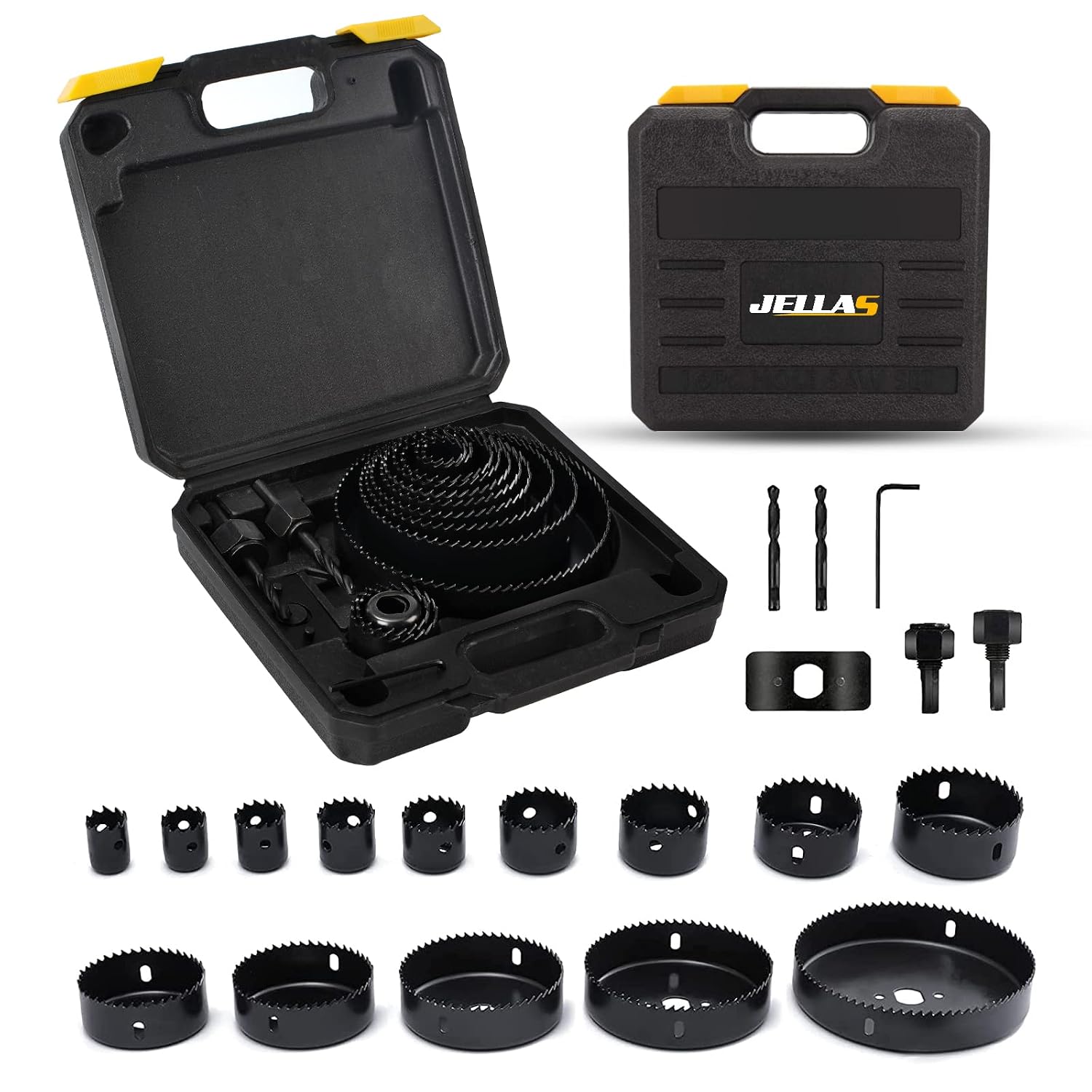 Hole Saw kit, Jellas 20PCS Hole Saw Set with 14Pcs Saw Blades, General Size 3/4" to 5", 2 Mandrels with Drill Bits, 1 Installation Plate, 1 Hex Key, 1 Storage Case, Ideal for Wood, PVC Board, Plastic