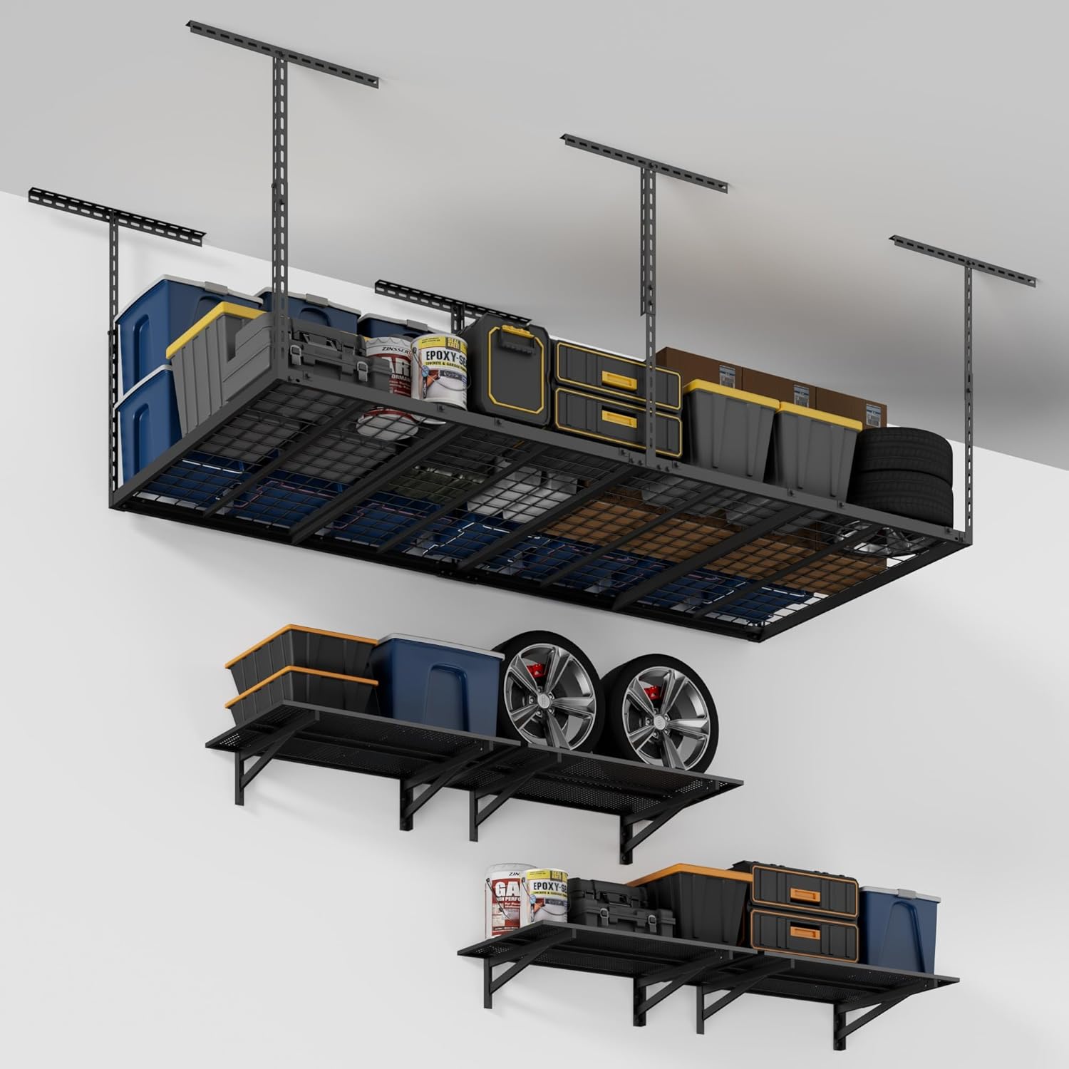 4X8ft Overhead Garage Storage Rack, 750lbs Weight Capacity, 4 Pack 2x3ft Heavy Duty Garage Wall Shelving, 1400lbs Capacity Garage Shelving Wall Mounted