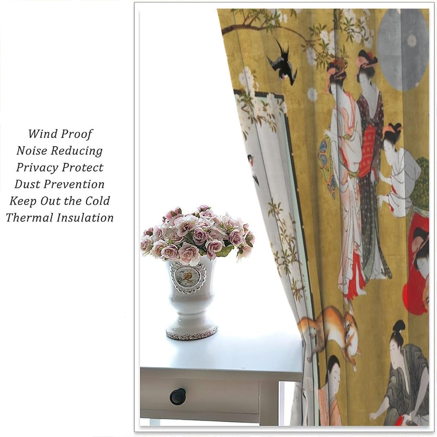 Asian Japanese Style Geisha Curtains,Japan Vintage Banquet Culture Printed Darkening Noise Reducing Blackout Window Treatments for Living Room Bedroom 42" W X 45" L