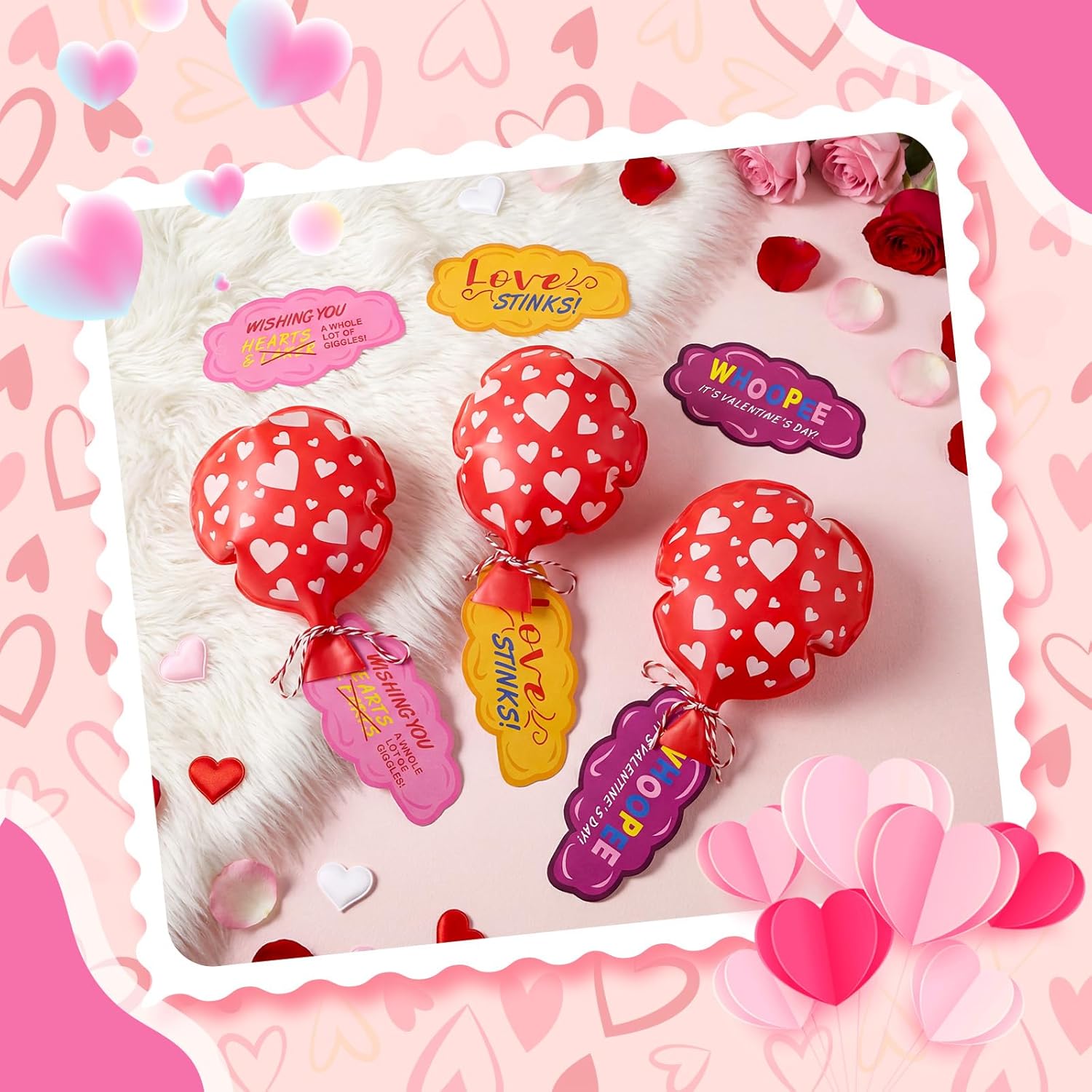 24 Set Valentine's Day Whoopee Cushions Self Inflating Mini Whoopee Cushion with Love Stinks Cards Valentine's Day Fart Prank Exchange Joke or Gag Gifts for Adults