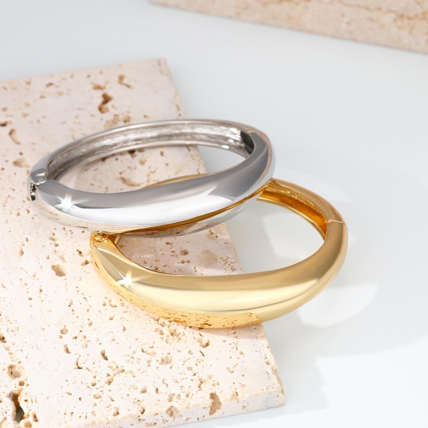 2個 チャンキー ゴールド シルバー バングル ブレスレット セット 女性用 変色しにくい 流行 太い チェーン オープン ワイド