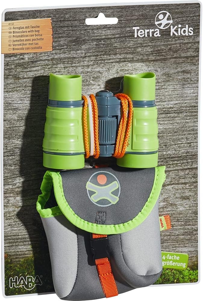 HABA Terra Kids Kinderfernglas Set – Robustes Outdoor Fernglas für Kinder, 4X Vergrößerung – Naturforscher Set inkl. Tasche & Wissenskarten – Geschenk für Kinder 4-8 Jahre