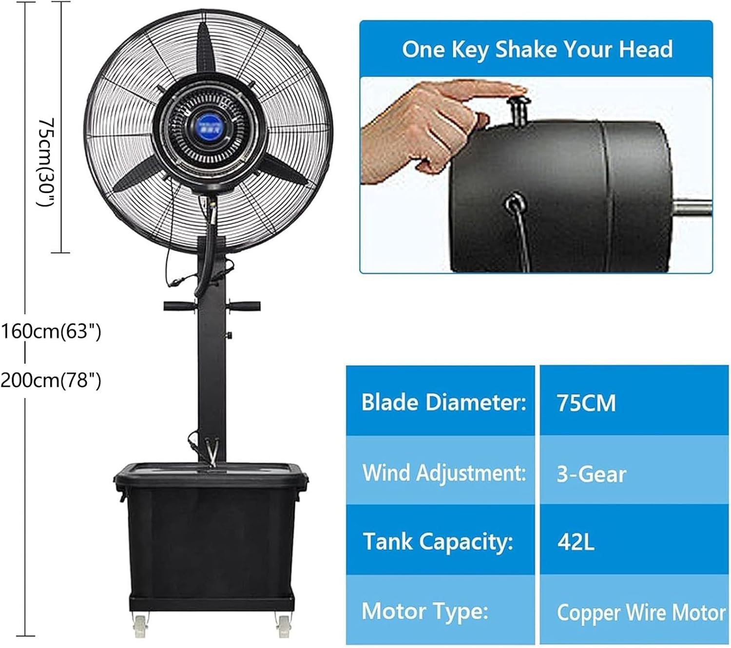 Ventilador Nebulizador Industrial, Enfriador de Aire con Depósito 42L Desmontable, Oscilación 90°, 3 Velocidades, Mando a Distancia, para Patio, Garaje, Taller e Invernadero,750 Lifting 2-Meter Model