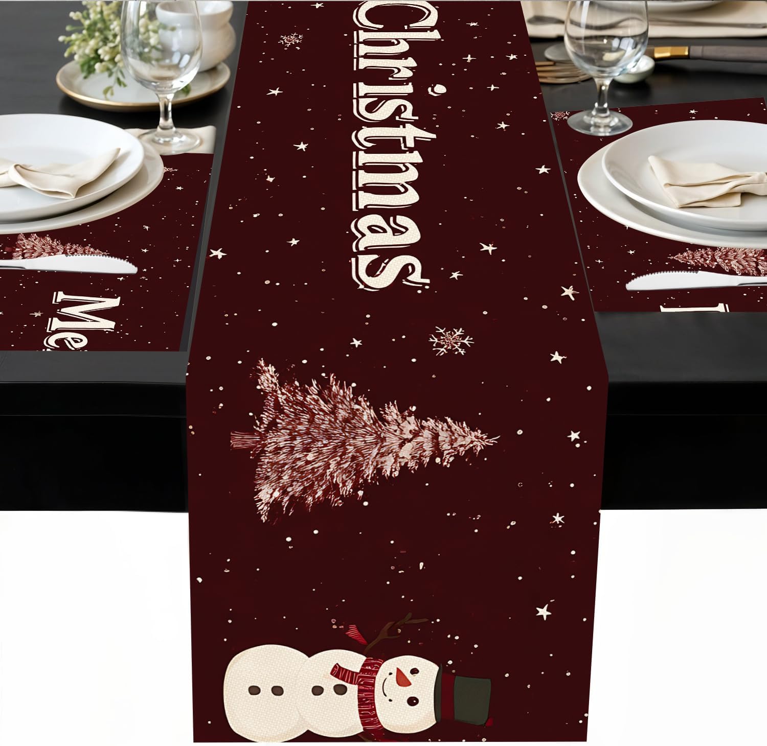 ANNA QUEEN Christmas Tree Table Runner and Placemats Set of 6, 13"x72" Red Table Runner with 12"x18" Placemats for Xmas Dinner, Holiday Party Table Setting