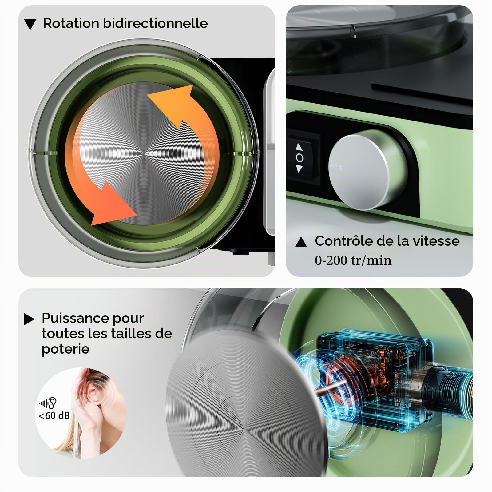 Tour de Potier Électrique Vert Clair – Kit de Poterie Complet pour Adultes avec 1kg d'Argile, 0-200 Tr/min Réglable, Machine Professionnelle Silencieuse pour Débutants, Cadeau Créatif