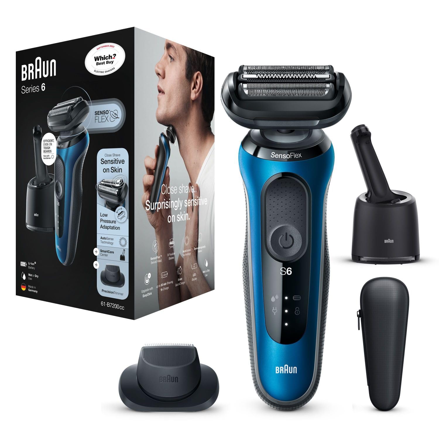 Series 6 60-B7200cc Electric Shaver With Precision Trimmer, SmartCare Center, Blue