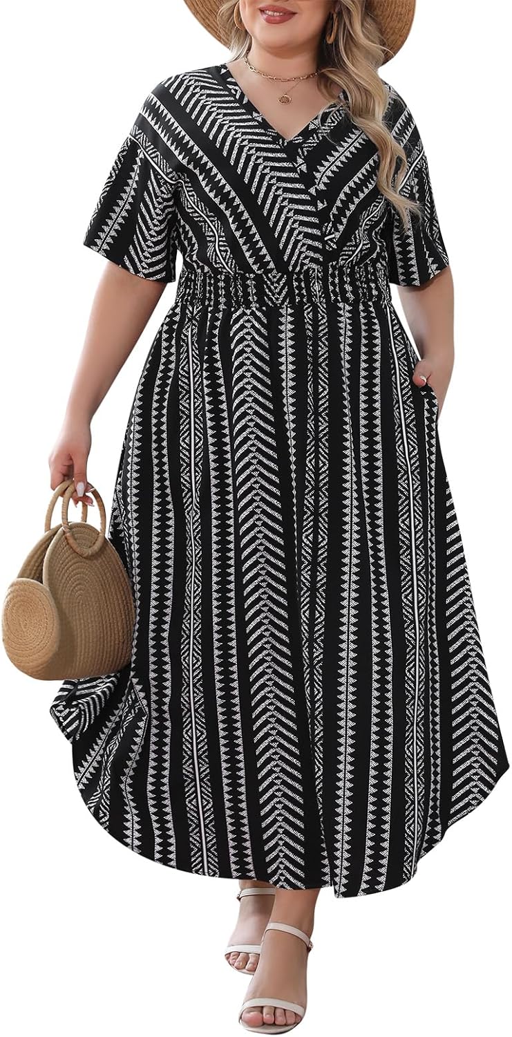 Nemidor Womens Casual Plus Size Summer Maxi Dresses Boho Print Flared Long Dress with Pocket 14-26