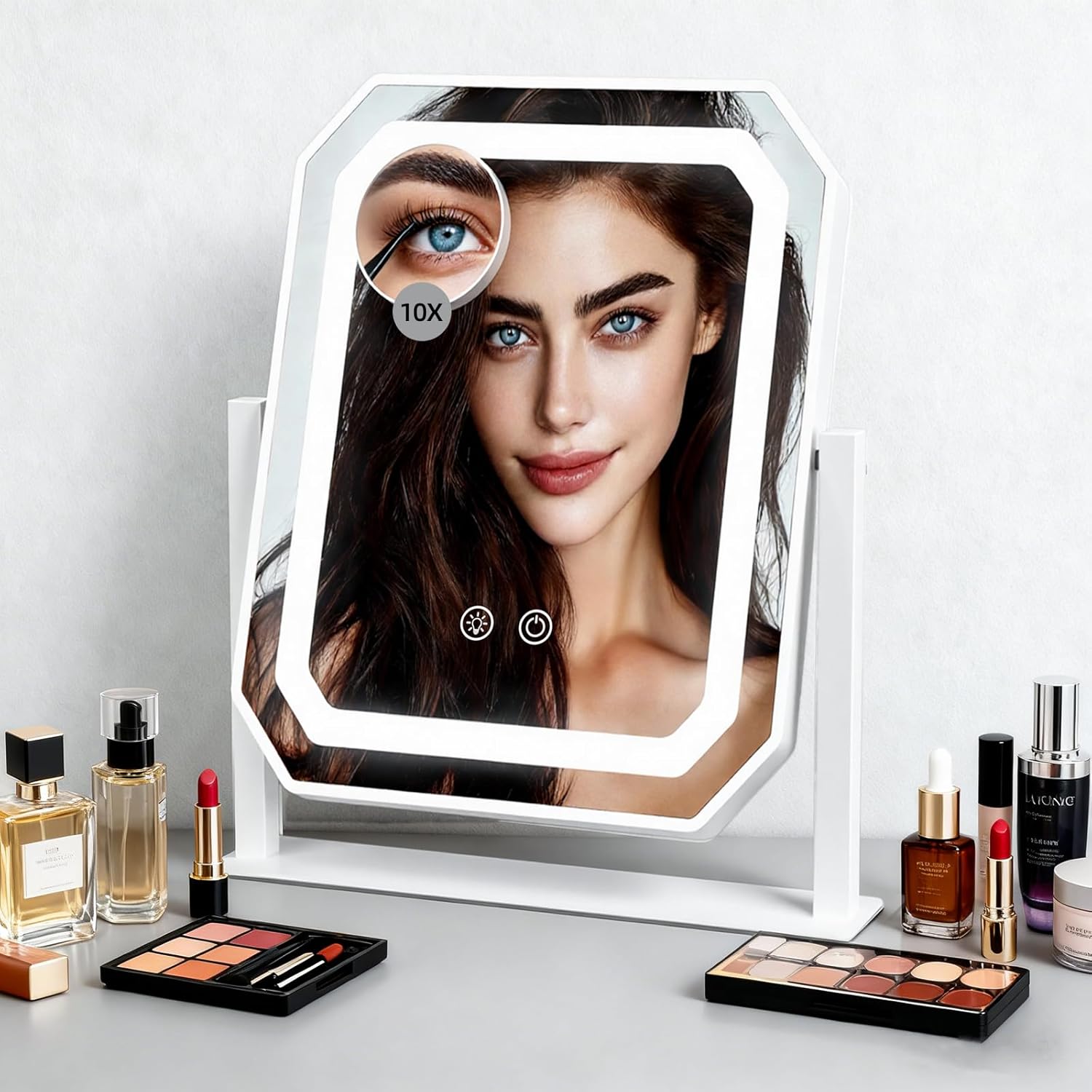 Lighted Makeup Mirror, 3 Colors for Precise Application, Touch Control Brightness Adjustment for Easy Use, with a Detachable 10x Magnifying Mirror, 12" x 10" Hollywood Vanity Mirror for Plug-in Use