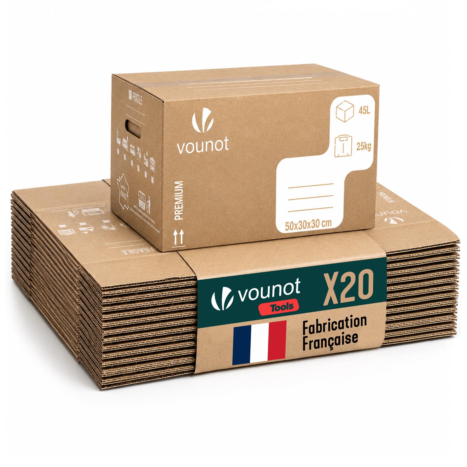 VOUNOT® Lot de 20 Cartons de Déménagement 50 x 30 x 30 cm Fabriqué en France Cartons de Rangement Renforcés 25 kg Poignées Renforcées Réutilisables 45L pour Stockage Livres Vêtements Transport