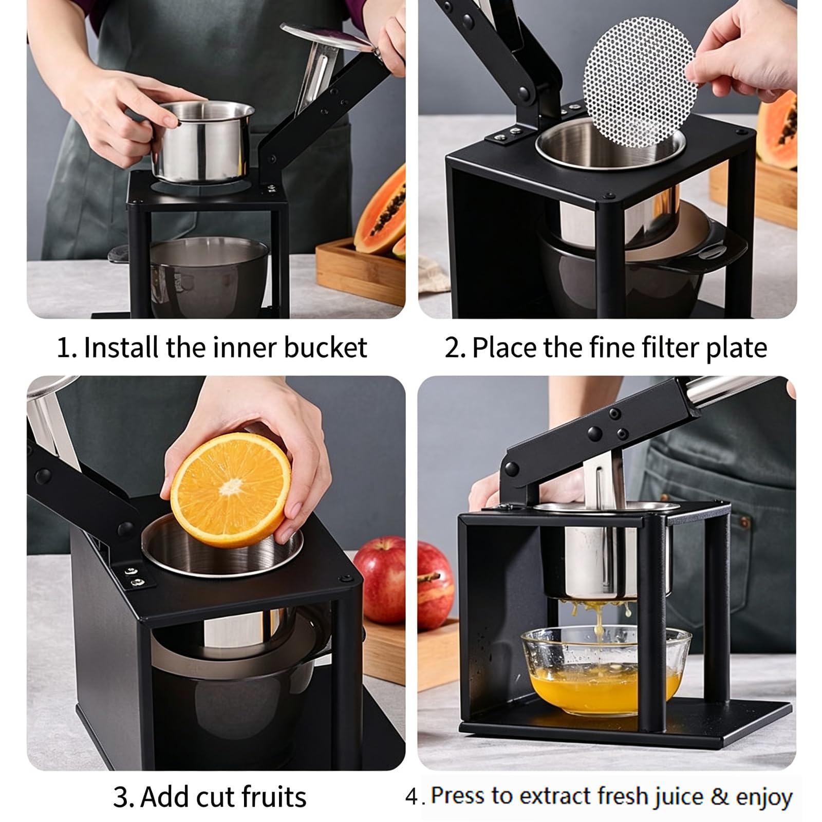 Exprimidor Manual De Acero Inoxidable 304, Exprimidor De Palanca Resistente Con 2 Placas De Filtro Intercambiables, Base Antideslizante, Para Naranjas, Limones Y Puré De Patatas.