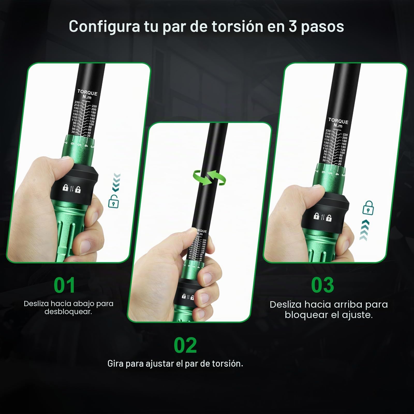 Uharbour Juego de Llaves Dinamométricas 1/2" 20-230 Nm para Coche – Incluye Tres Enchufes para Tuercas de Lengüeta
