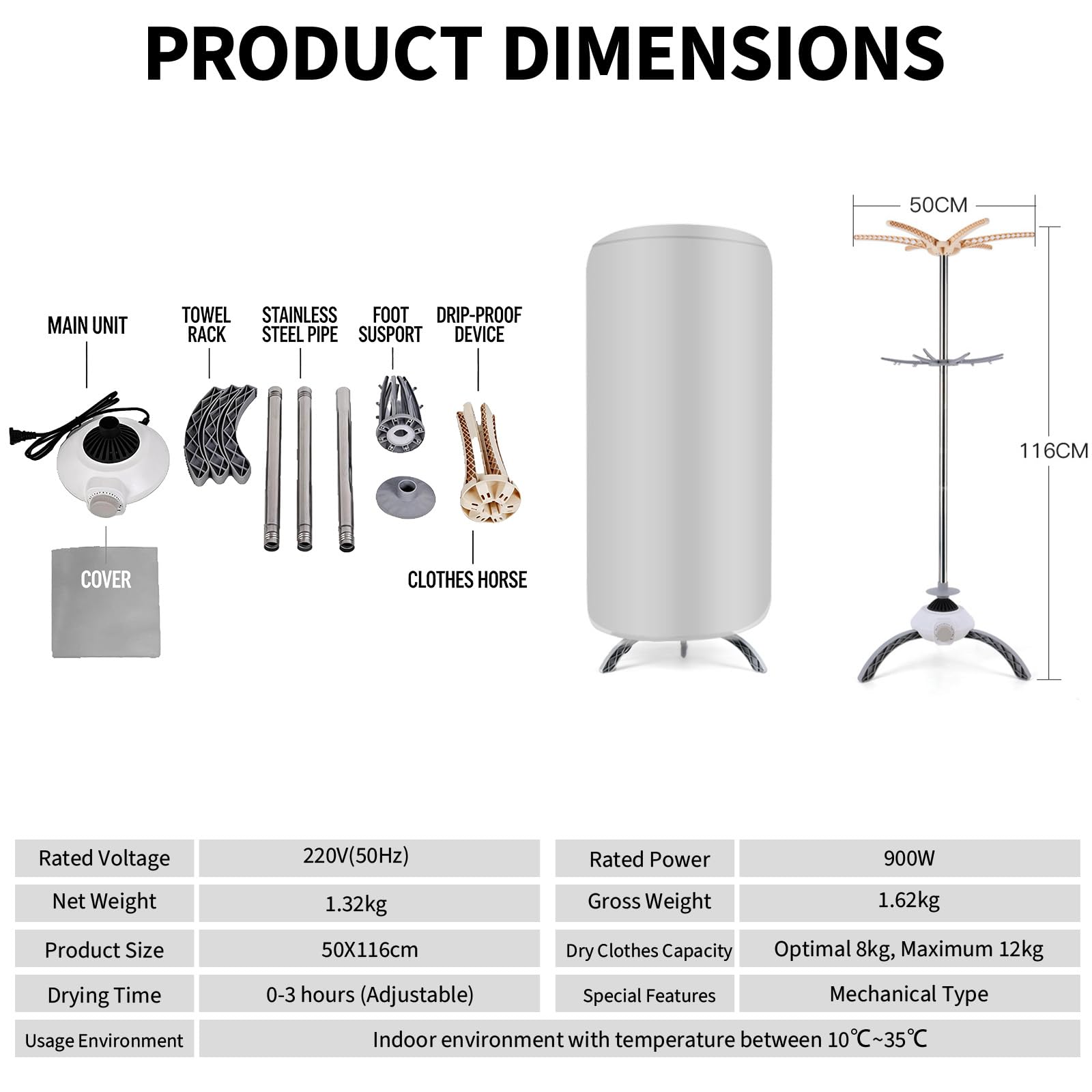 Portable Electric Clothes Dryer, 1000W Compact Clothes Airer with Cover, 2-layer 12kg Indoor Home Dorms Wet Laundry Warm Air Drying, Portable Dryer for Apartment Dorm Travel — view 3