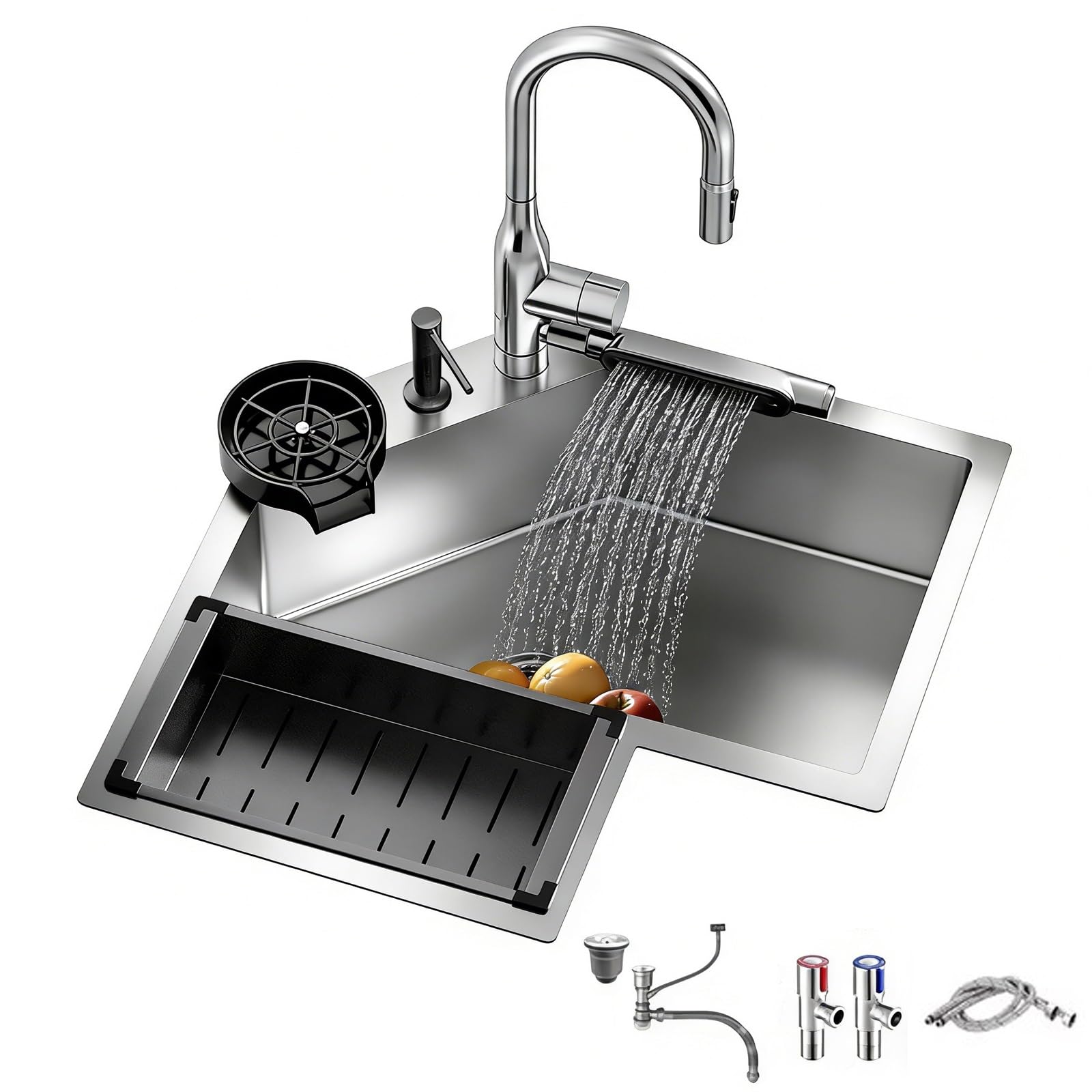 Fregadero Cocina Esquina, Fregaderos de Cocina de Acero Inoxidable 304, con Grifo Extraíble y Kit Desagüe, Apto para Hogares, Restaurantes y Bares(Silver,60x60cm/23.6x23.6in)