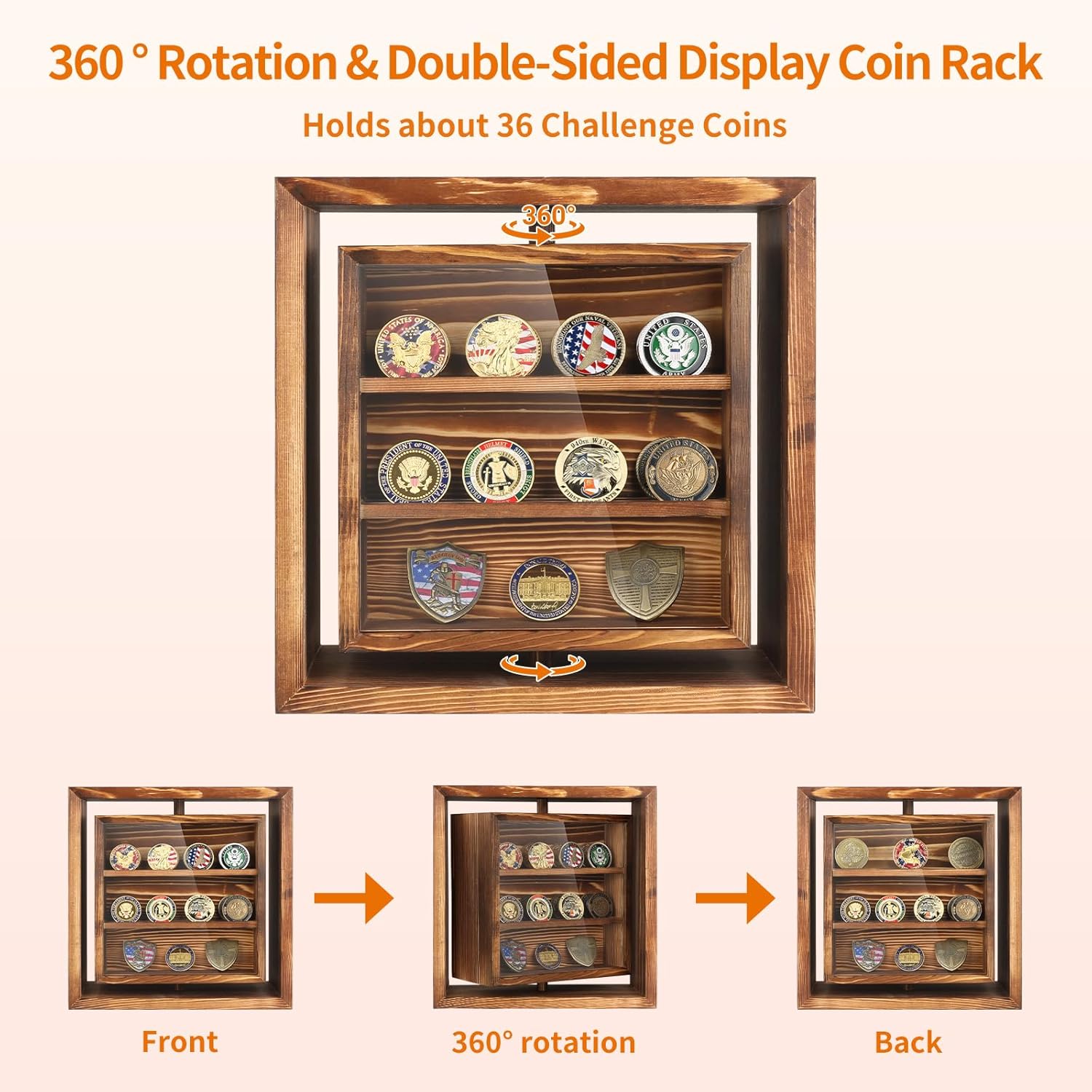 Double-Sided Rotating Challenge Coin Display Case, Medals Collectible Figures Cabinet Shadow Box, Honoring Veterans & Collectors Holder Storage Box for Bobble Heads by Wood