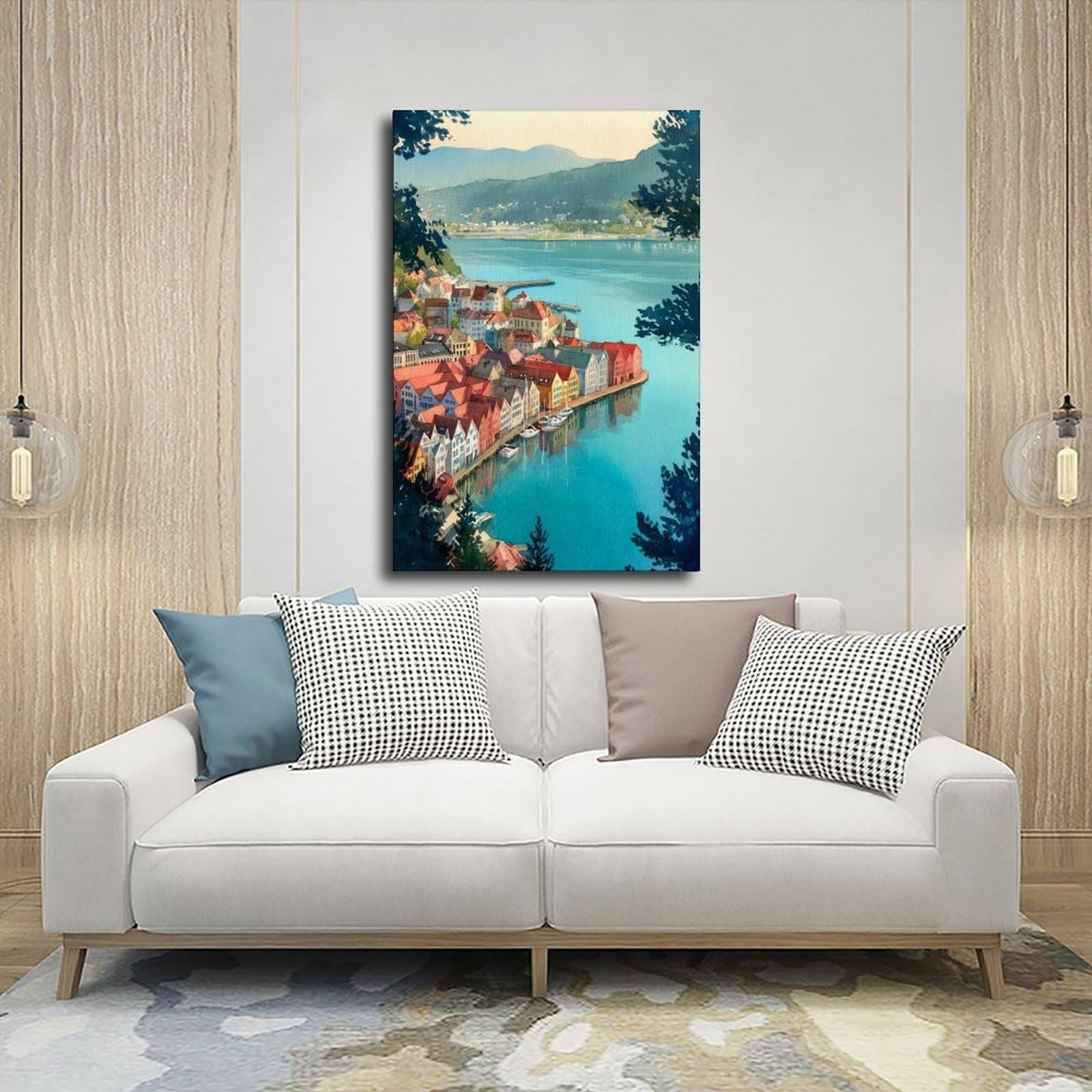 Bergen Port, poster di viaggio ad acquerello, paesaggio norvegese della città costiera, poster su tela, decorazione per camera da letto, ufficio, stanza, regalo, 40,6 cm di lunghezza x 61 cm di
