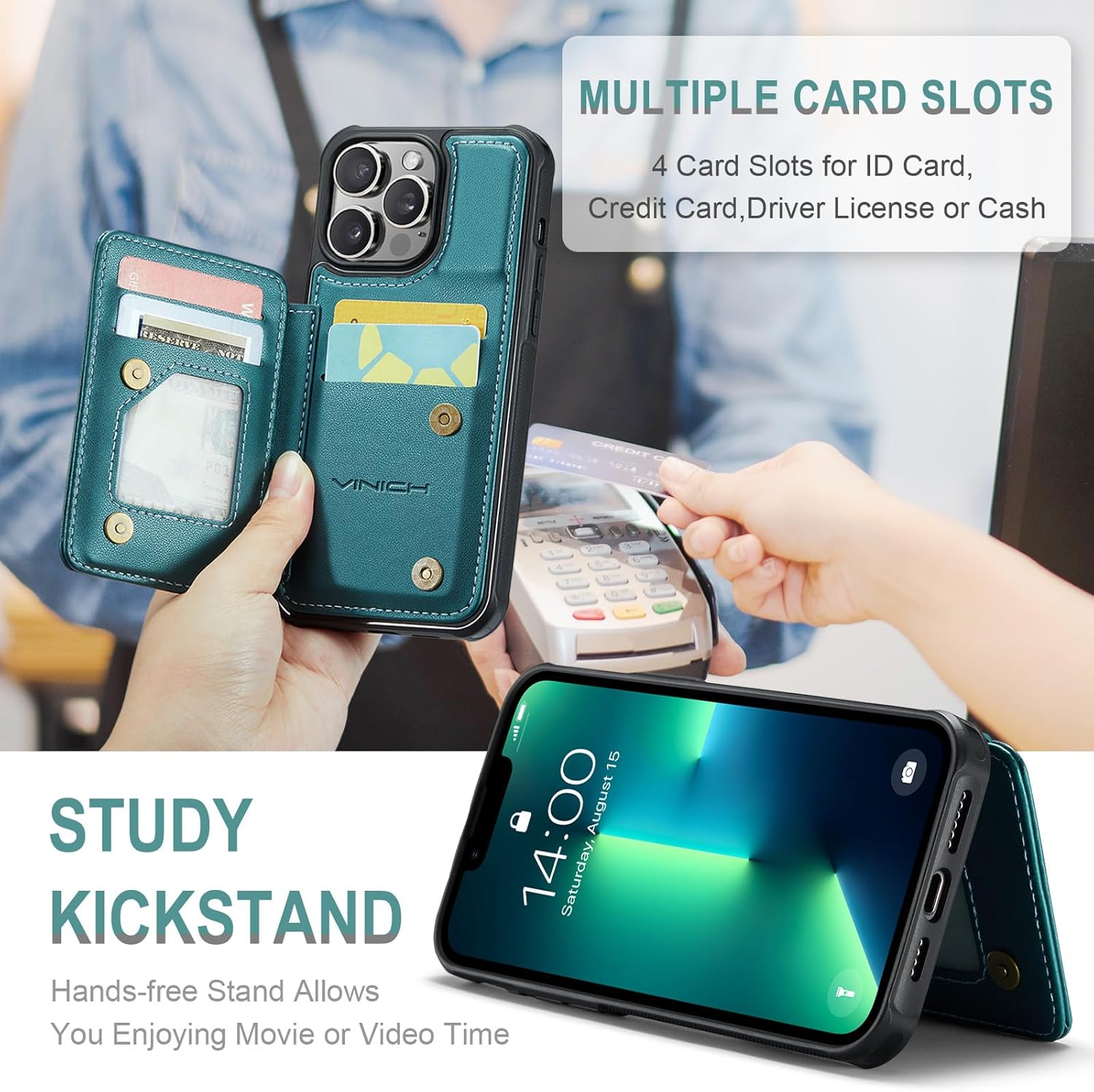 Vinich for iPhone 13 Pro Wallet Case with Card Holder, RFID Blocking Credit Slots Kickstand Shockproof Phone Cover Fit for iPhone 13 Pro 6.1" Bluish Green - Image 4
