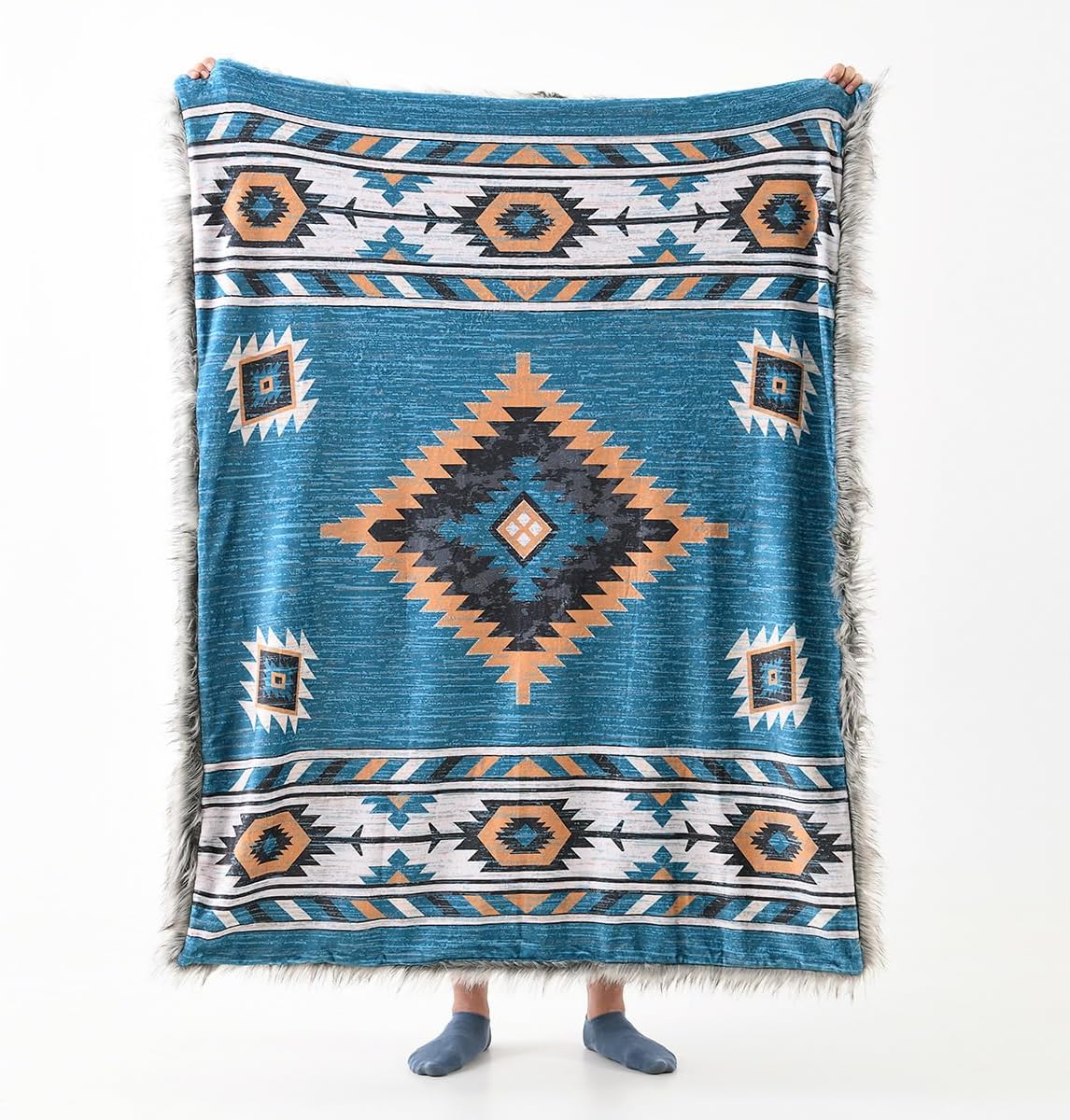 Luxury Plush Faux Fur Throw Blanket with Aztec Pattern, Super Warm, Fuzzy, Elegant, Fluffy Decoration Blanket for Couch, Armchair, Sofa and Bed, 60''x 80'', Teal - Image 4