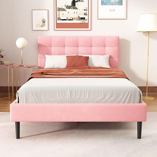 Miniatura 9 de UNIZONE Base de cama tapizada de terciopelo Queen con cabecera capitoné, soporte de listones de madera, base de colchón, no necesita somier, fácil