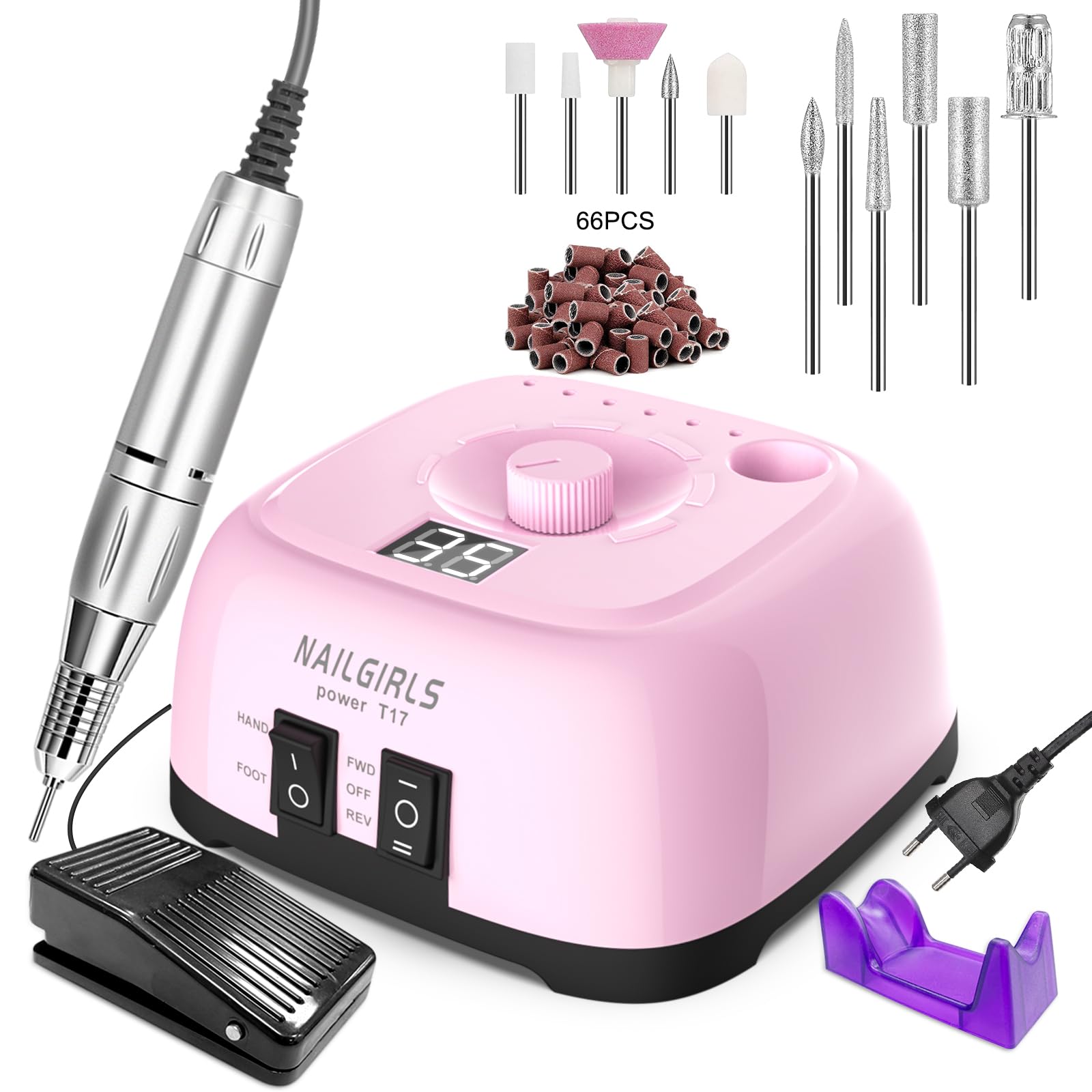 NAILGIRLS 11-in-1 elektrischer Nagelfräser für Maniküre und Pediküre, 35.000 U/min, einstellbare Geschwindigkeit, intelligente LED, tragbare elektrische Nagelfeile (Rosa)