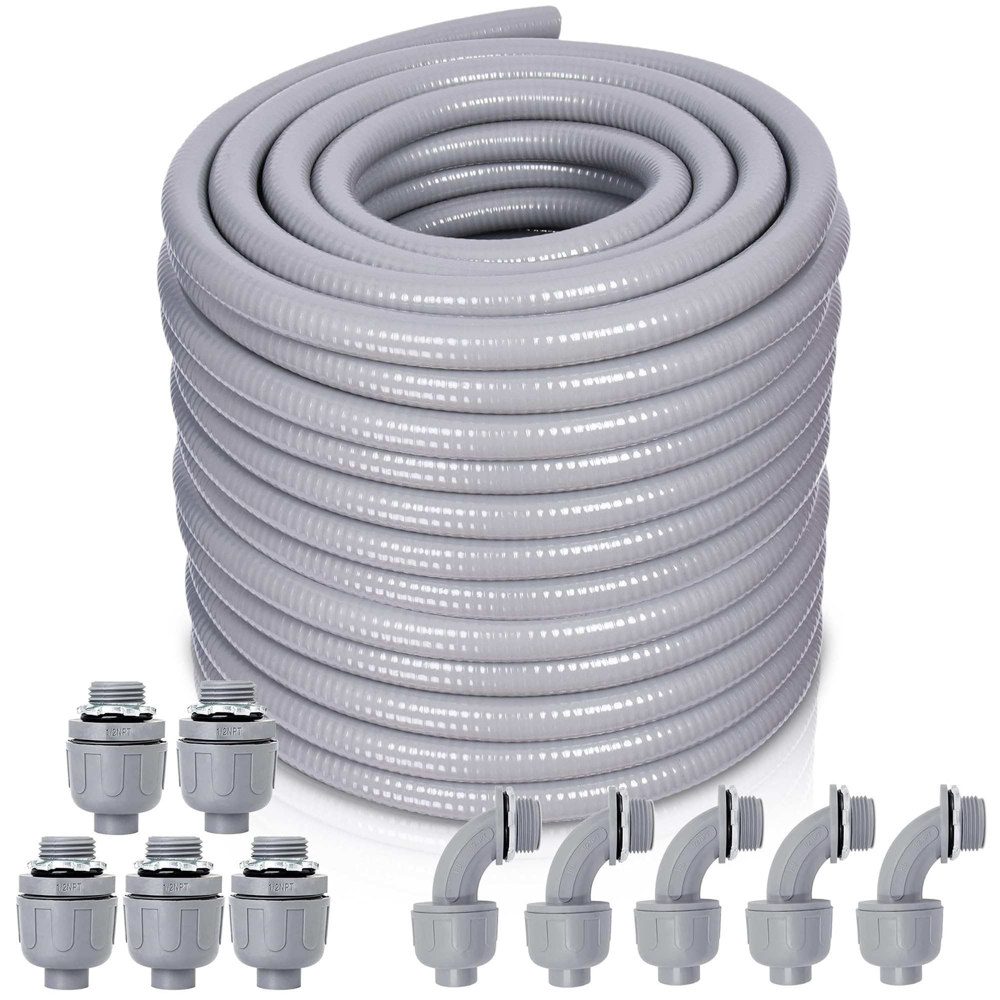Feotech Liquid-Tight Conduit and Connector Kit - 3/4 Inch 100 FT Non Metallic Liquid Tight Electrical Conduit with 5 Straight and 5 Angle Fittings