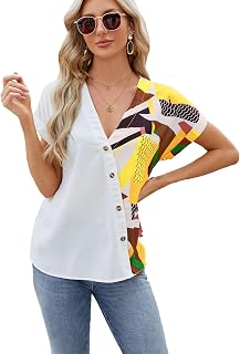 Blusa con Botones con Estampado Geométrico, Cuello en V, Casual, Alta Solidez del Color, Camisa con Estampado Geométrico para Mujer, única para el Verano para Todos los Días (XXL)