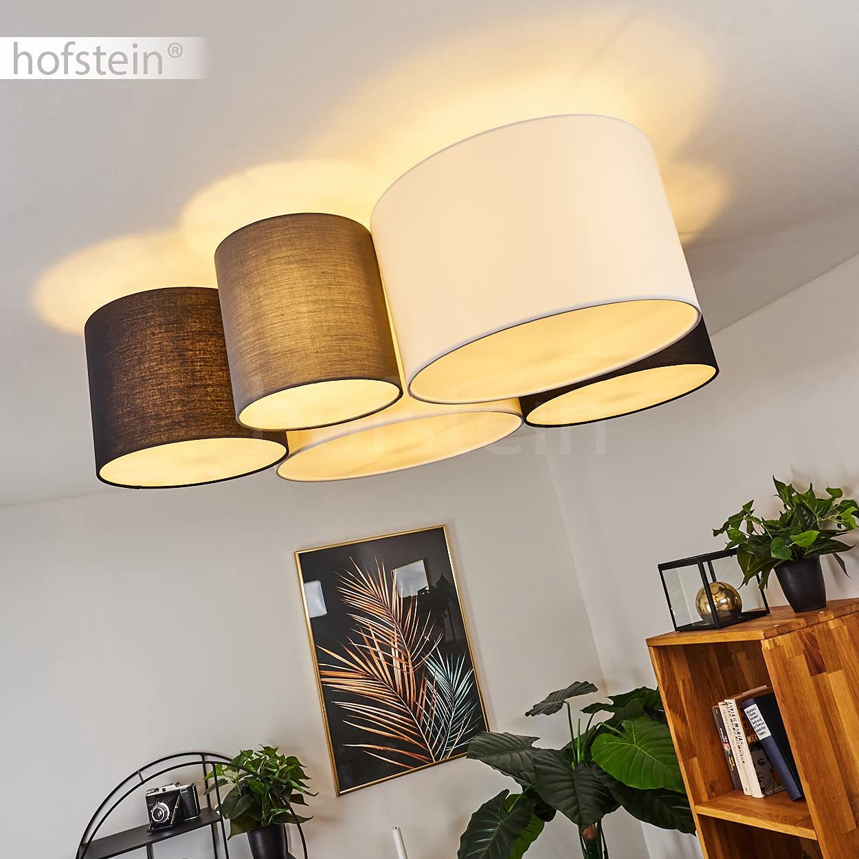 HOFSTEIN Deckenleuchte Trisett, Deckenlampe aus Metall/Kunststoff/Stoff in Schwarz/Weiß/Grau, moderne Leuchte mit Stoffschirmen, Lichteffekt, 5 x E27, Wohnzimmer, Esszimmer, Schlafzimmer, Küche