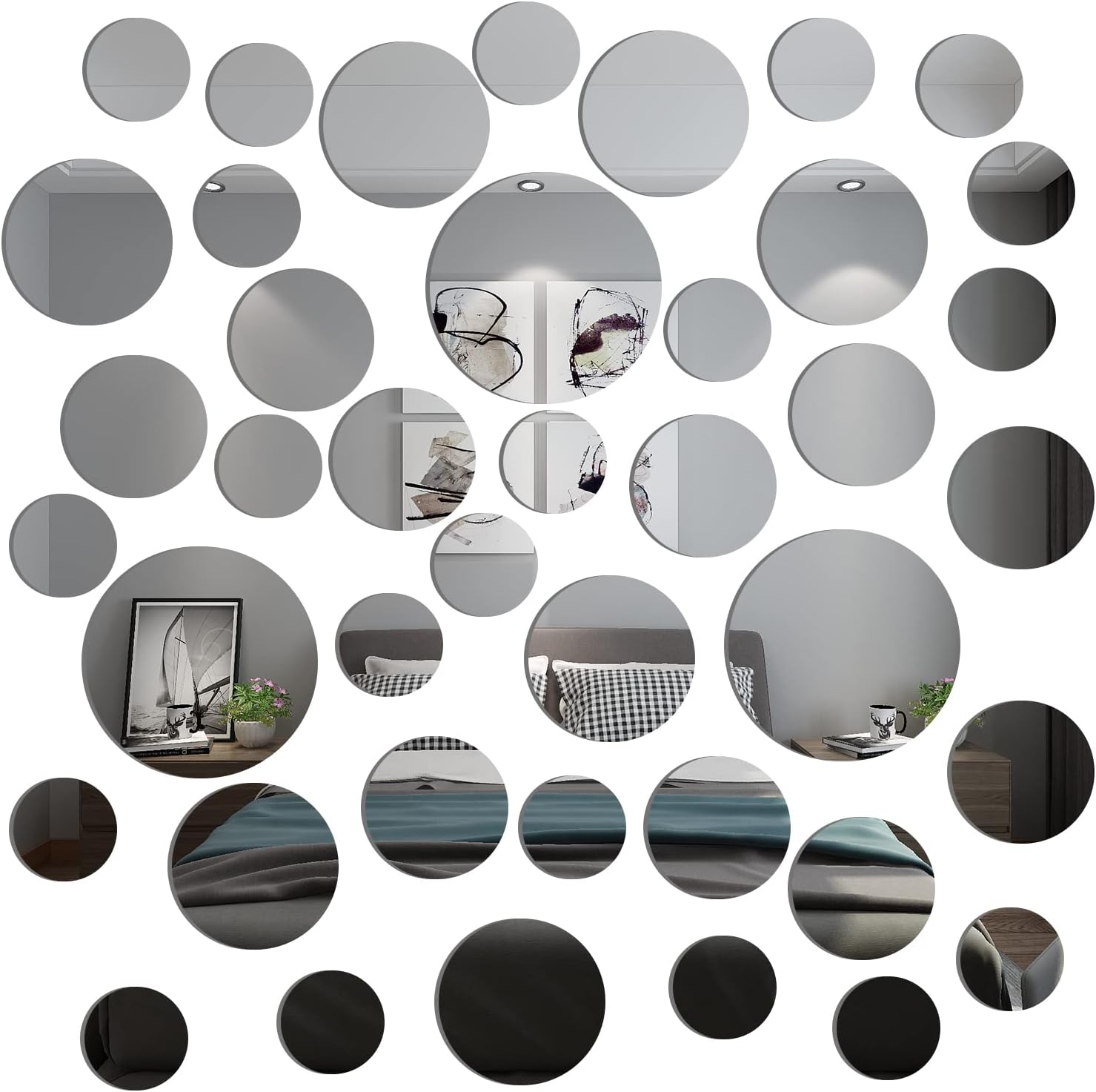 40PCS Various Round Mirror Sheets for Walls, Flexible Mirror Sheets Acrylic Mirrors Sheet Circle Acrylic Removable Decal Stickers Suitable for Decorative Scenes