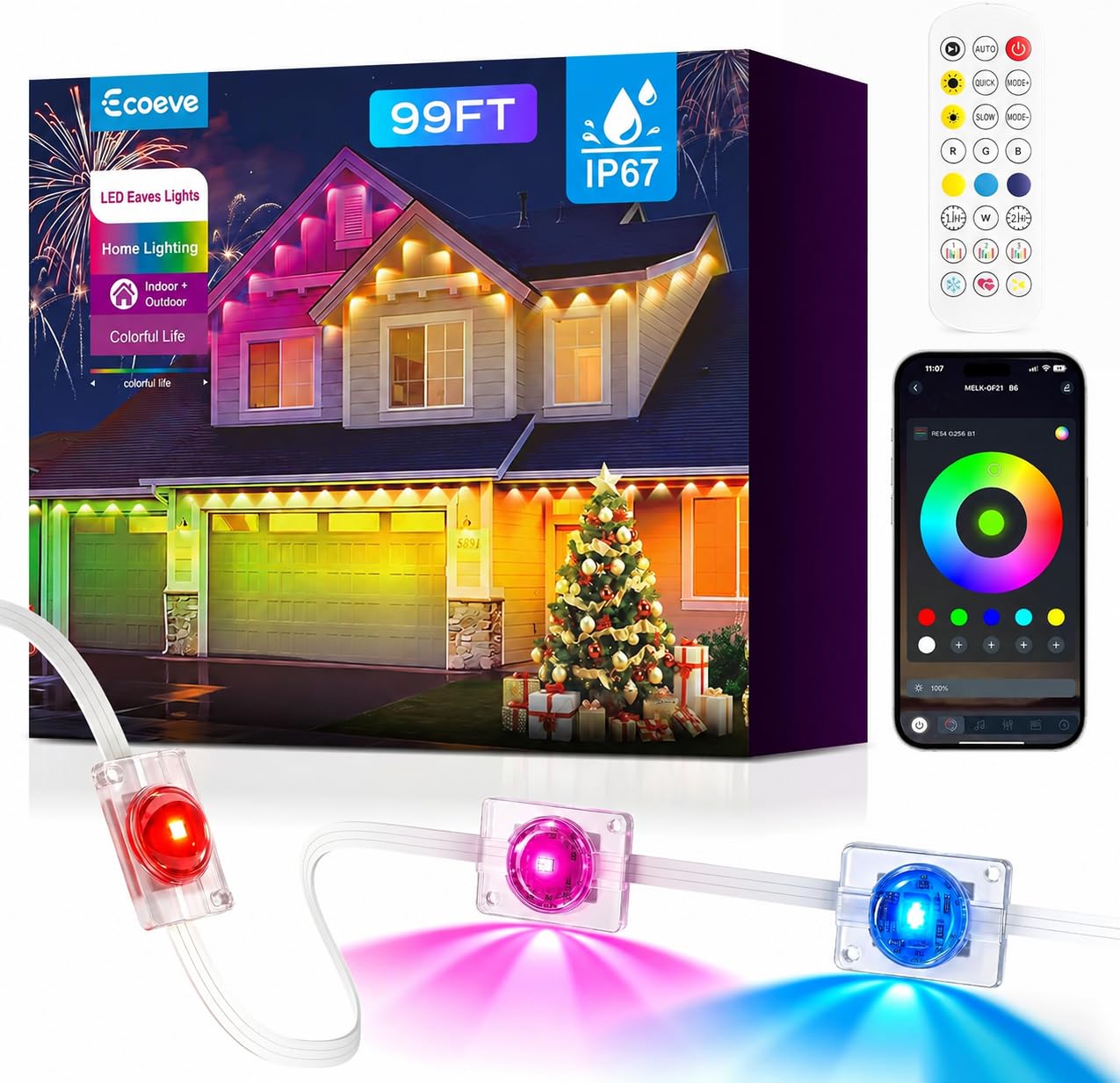 Ecoeve Permanent Outdoor Lights for House, 99ft Christmas RGB+IC Lights