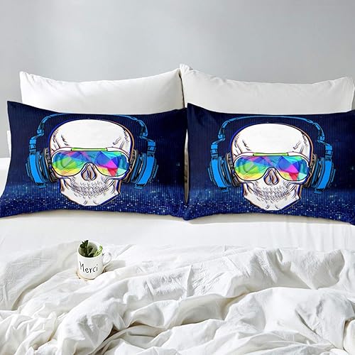 Miniatura 3 de Erosebridal Juego de ropa de cama con diseño de calavera con auriculares para niños, funda de edredón de calavera musical, tamaño King, diseño de