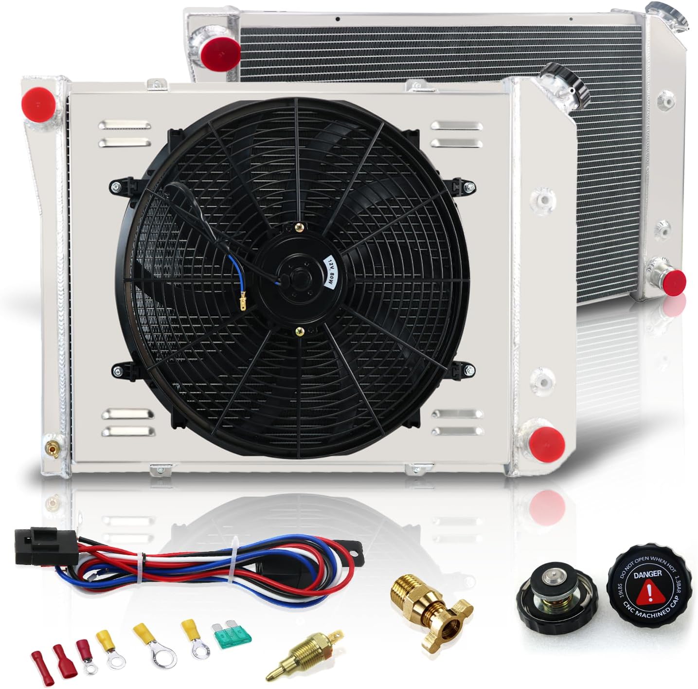 3/4 Row Core Aluminum Radiator + 16" Fan Shroud w/Relay Compatible with 1968-1987 Chevy Bel Air Camaro Caprice Chevelle Nova Impala&Buick Skylark&Oldsmobile Cutlass and More (3 Row Core-571)