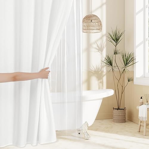 Miniatura 6 de MitoVilla Juego de cortinas de ducha 3 en 1, cortina de baño con textura de lino bohemio blanco y forro de PEVA transparente con 12 ganchos de acero