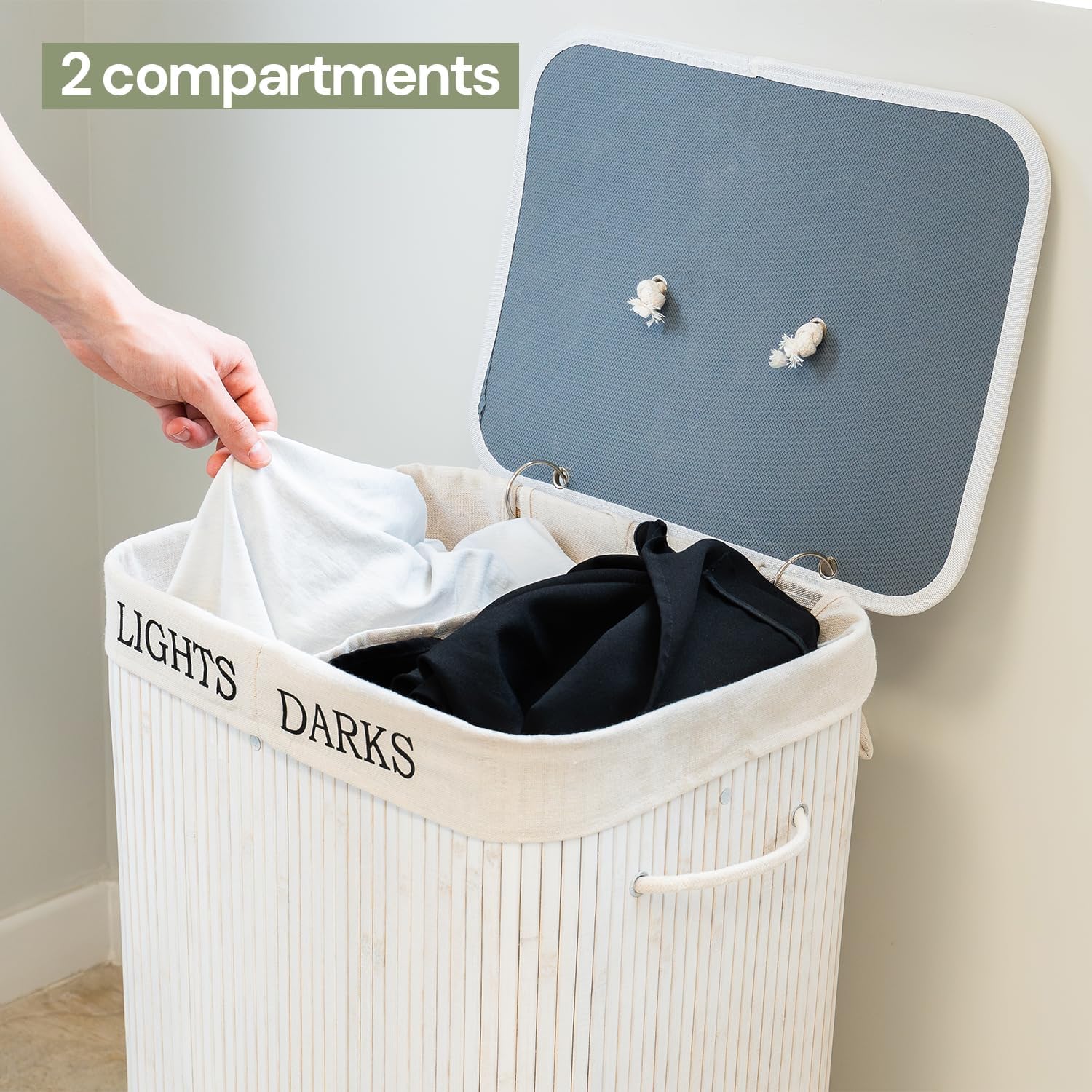 Cesto Portabiancheria 2 Scomparti - 72 Litri, In Bambù - Con Borsa Lavabile - Foto 4