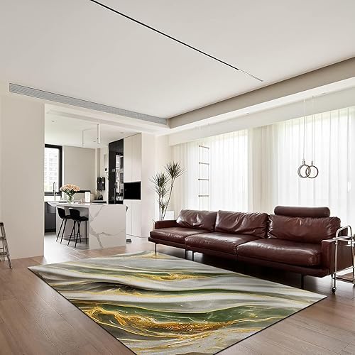 Miniatura 10 de Alfombras de área de 5 x 6 pies, alfombra de mármol azul dorado con textura de arte abstracto, alfombra grande para sala de estar, suave y cómoda