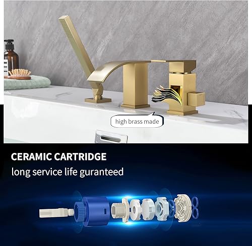 Miniatura 32 de TapLong Grifo de llenado de bañera en cascada con ducha de mano, juego de grifo de bañera romano generalizado, montaje en cubierta, 3 agujeros, Oro