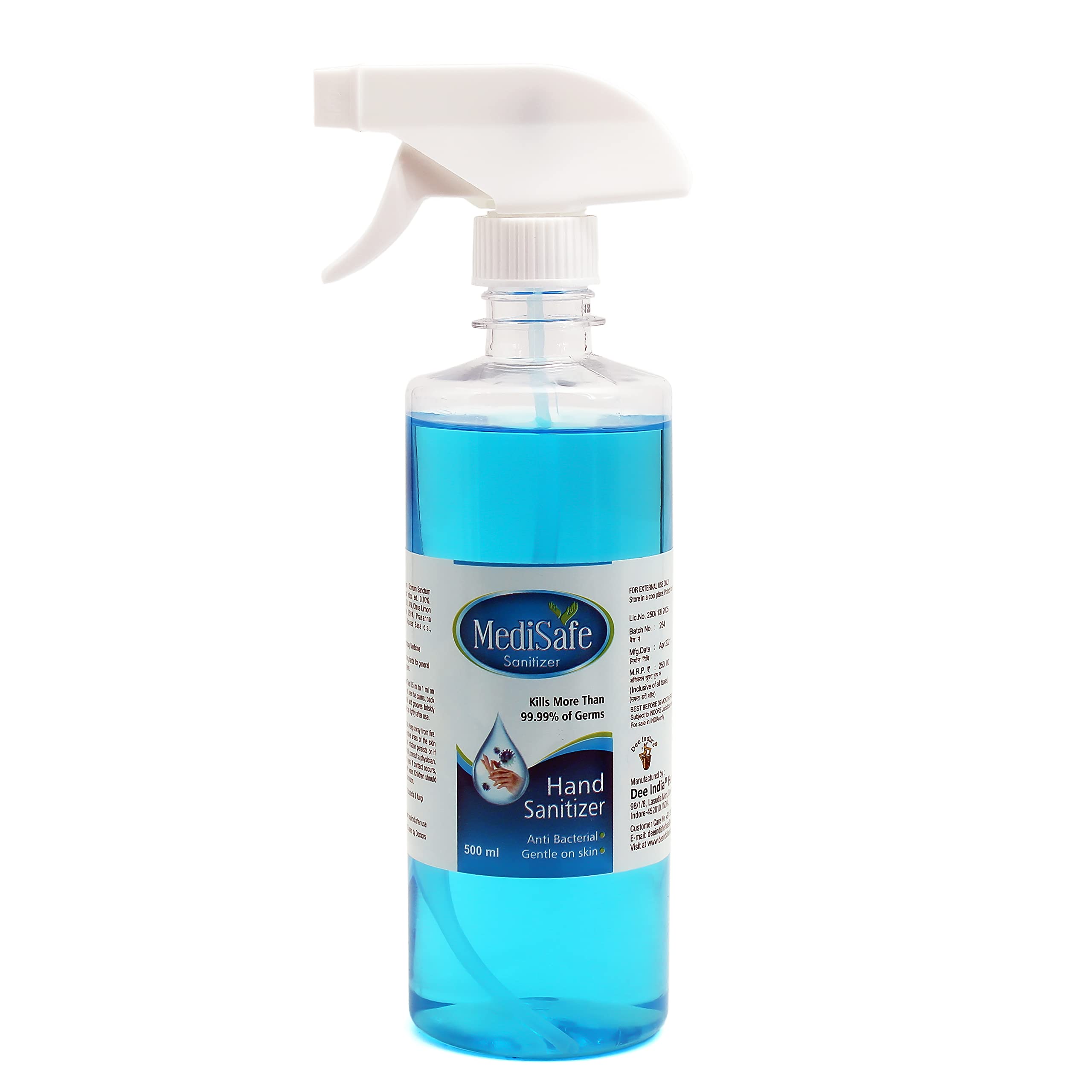 DEE INDIA HERBALS Medisafe Liquid Alcohol-Based Kills 99.9% Anti Bacterial Hand Sanitizer (Trigger Spray, 500ml) (Pack of 1) (B09JCCCH3B) Amazon Price History, Amazon Price Tracker