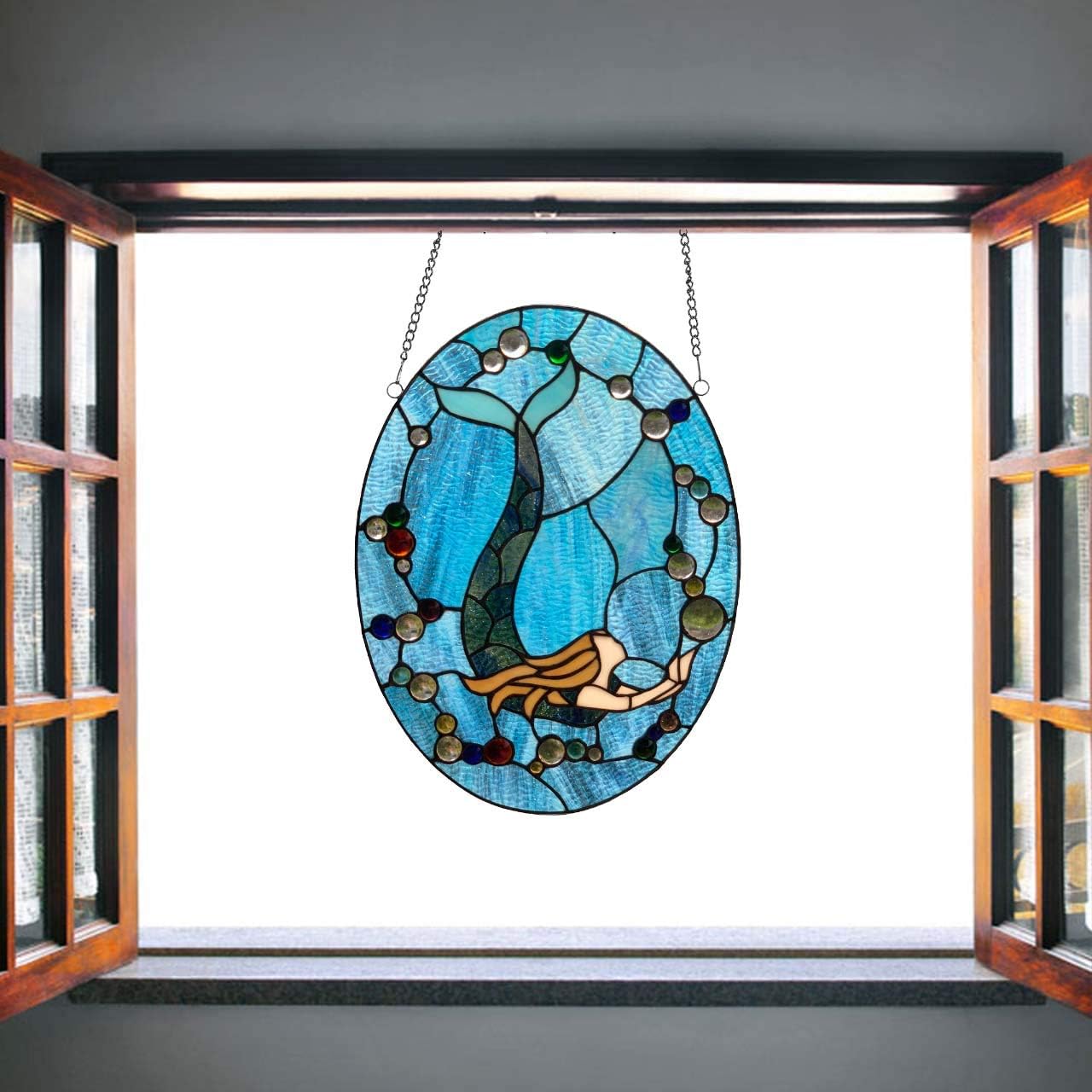 Bieye W10064 Mermaid Tiffany Style Stained Glass Window Panel with Chain, Oval Shape, 13”W x 18" H