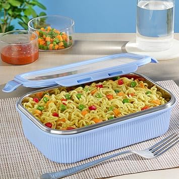 Larah by BOROSIL Freshbyte 800ml Rectangular Food Storage Container with Airtight Stainless Steel Lid | Fridge Container for Lunchbox | Food Grade Steel | Microwave Safe | Sky Blue