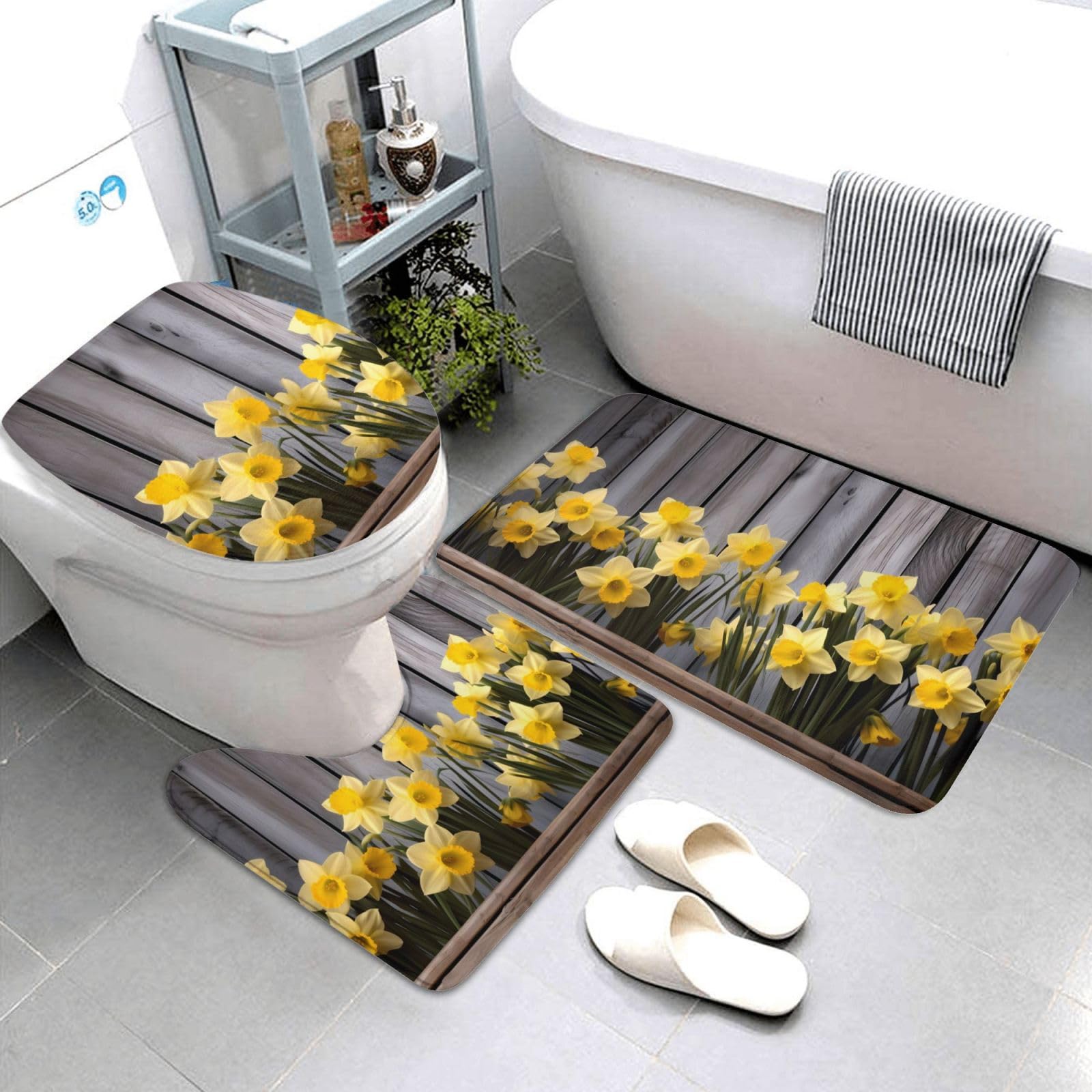 Set di 3 tappetini da bagno con bouquet di narcisi in flanella morbida antiscivolo con coperchio per la decorazione della casa