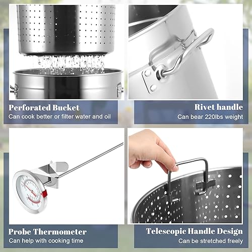 Miniatura 3 de Geetery Olla para hervir mariscos de acero inoxidable con canasta, olla con colador, freidora de pavo, cangrejo, langosta con termómetro inyector,